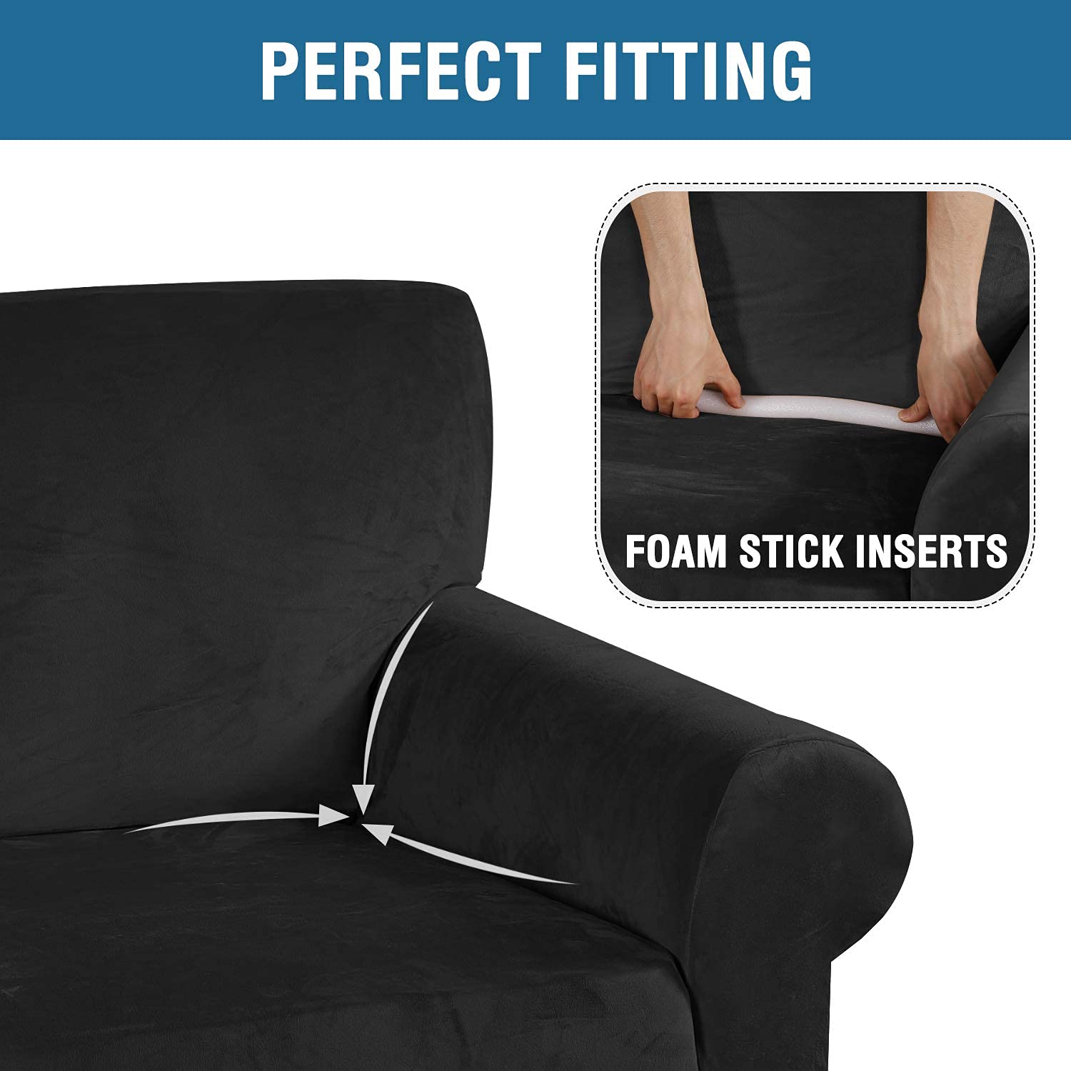H.VERSAILTEX Velvet Stretch Sofa Cover for 3 Cushion Couch - Soft Elastic Sofa Slipcover for Loveseat, Sectional, Furniture Protector (Black) - Perfect for Living Room, Bedroom, and Home Decor