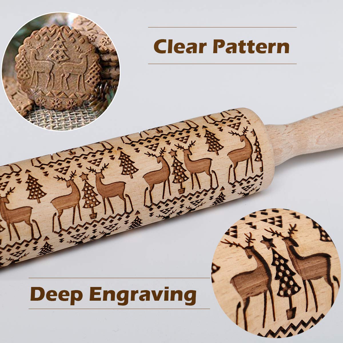 Christmas Embossed Rolling Pin for Baking Cookies - Wooden Engraved Springerle Roller with Reindeer & Tree Design - Perfect for Holiday Cookies, Clay Pottery, and DIY Ceramic Crafts - Great Gift for Bakers and Women