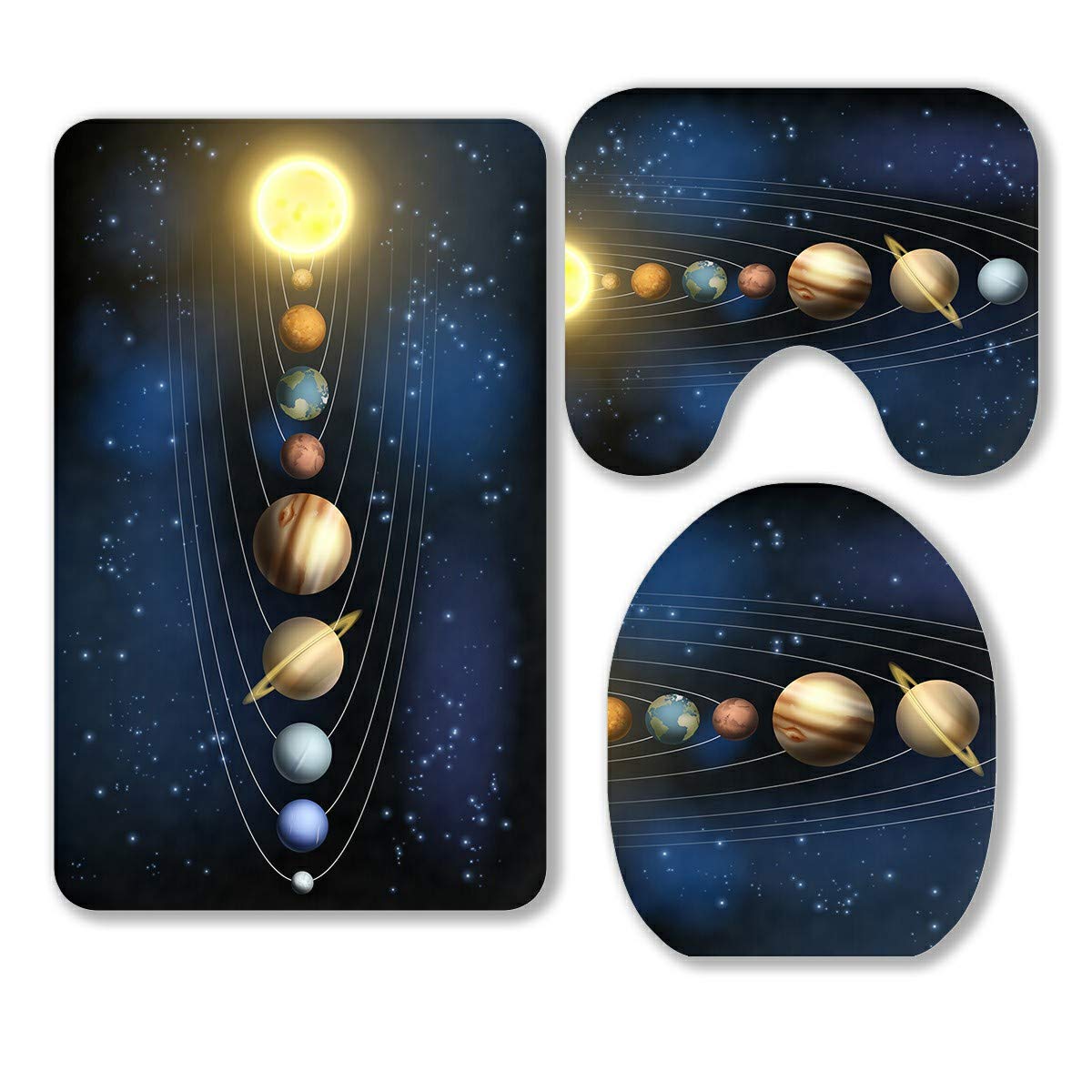 Solar System Planets Orbit Sun 3-Piece Bathroom Rug Set - Non-Slip Contour Mat & Toilet Lid Cover - Space Theme Decor for Kids & Science Lovers - Perfect for Bathroom, Dorm, or Classroom Decor