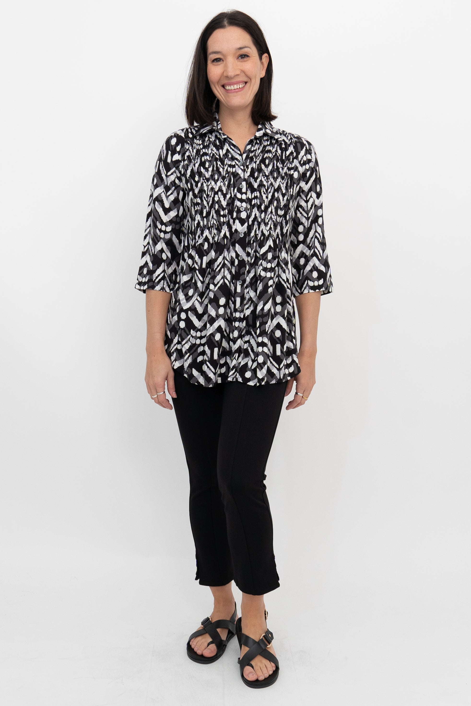 Cindy 3/4 Sleeve Tops for Women - Black & White Mosaic Print Blouse | Perfect for Office Wear, Casual Outfits & Date Nights