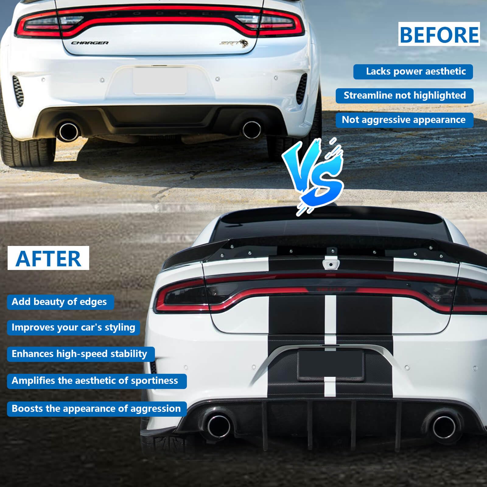 WildWell Rear Diffuser for 2015-2024 Dodge Charger SRT | Carbon Fiber Style Bumper Lip Diffuser | Non-Widebody Models | Enhances Aerodynamics & Sporty Look for Street Racing & Car Shows