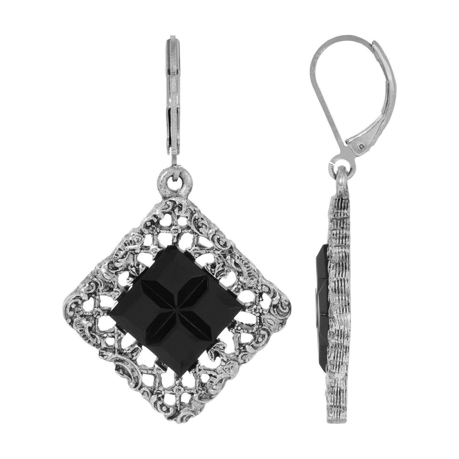 1928 Jewelry Belladonna Black Glass Stone Filigree Drop Earrings - Vintage Dangle Earrings for Women, Gothic Jewelry Gift for Her - Perfect for Evening Parties, Weddings & Special Occasions