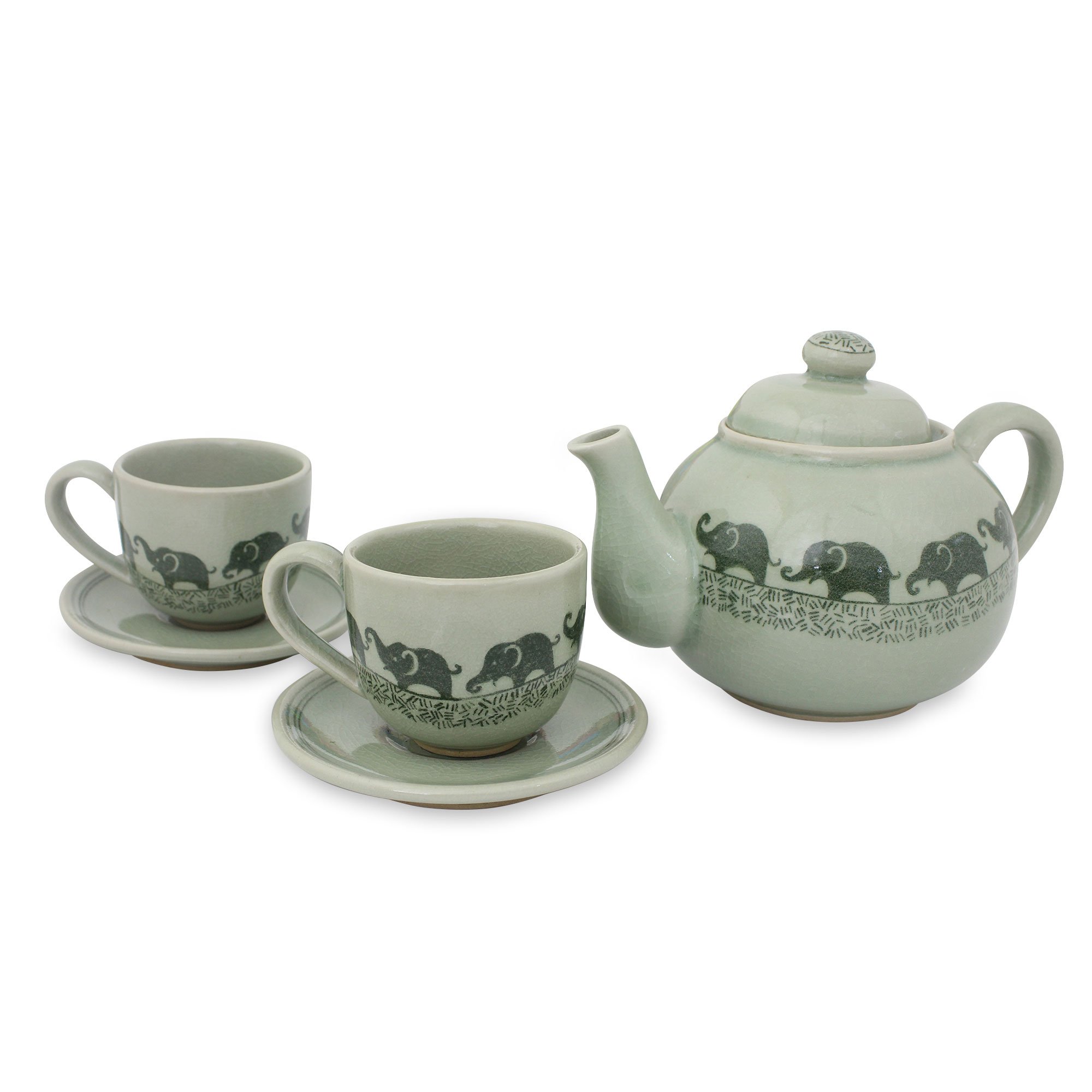 NOVICA Happy Elephants Celadon Ceramic Tea Set for 2 - Handmade Asian Tea Cups with Saucers, Perfect for Afternoon Tea, Gifts & Home Decor