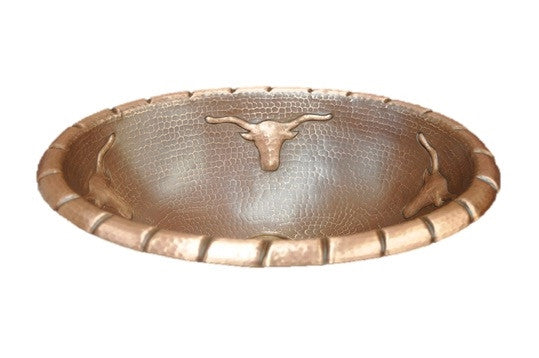 Handmade Oval Copper Sink with Longhorn Bull Design - Rustic Farmhouse Kitchen Decor for Bathroom & Bar Sink