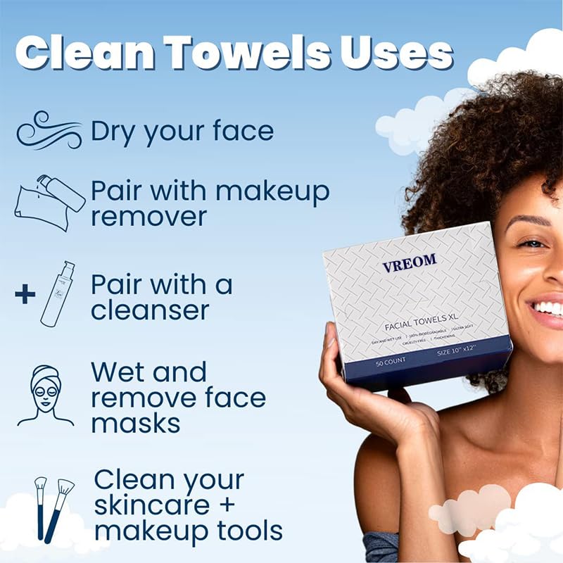 XL Skin Clean Towels - 50 Count Biodegradable Disposable Face Towels | Super Soft & Thick Makeup Remover Washcloths | Perfect for Travel, Gym & Daily Skincare Routine