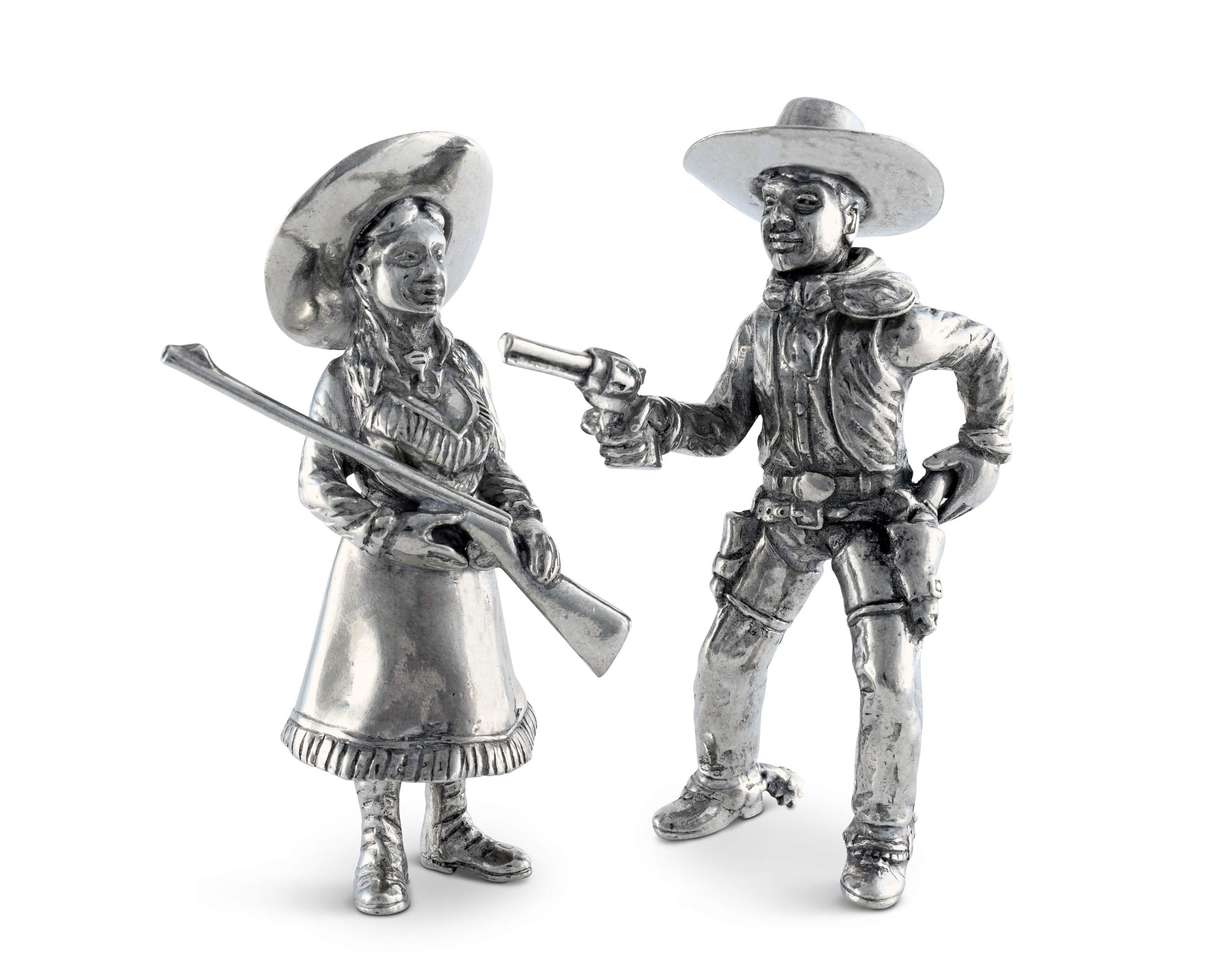 Vagabond House Pewter Cowboy & Cowgirl Salt and Pepper Shaker Set - 5 Inch Tall Western-Themed Kitchen Decor for Ranch, BBQ, and Country Style Dining