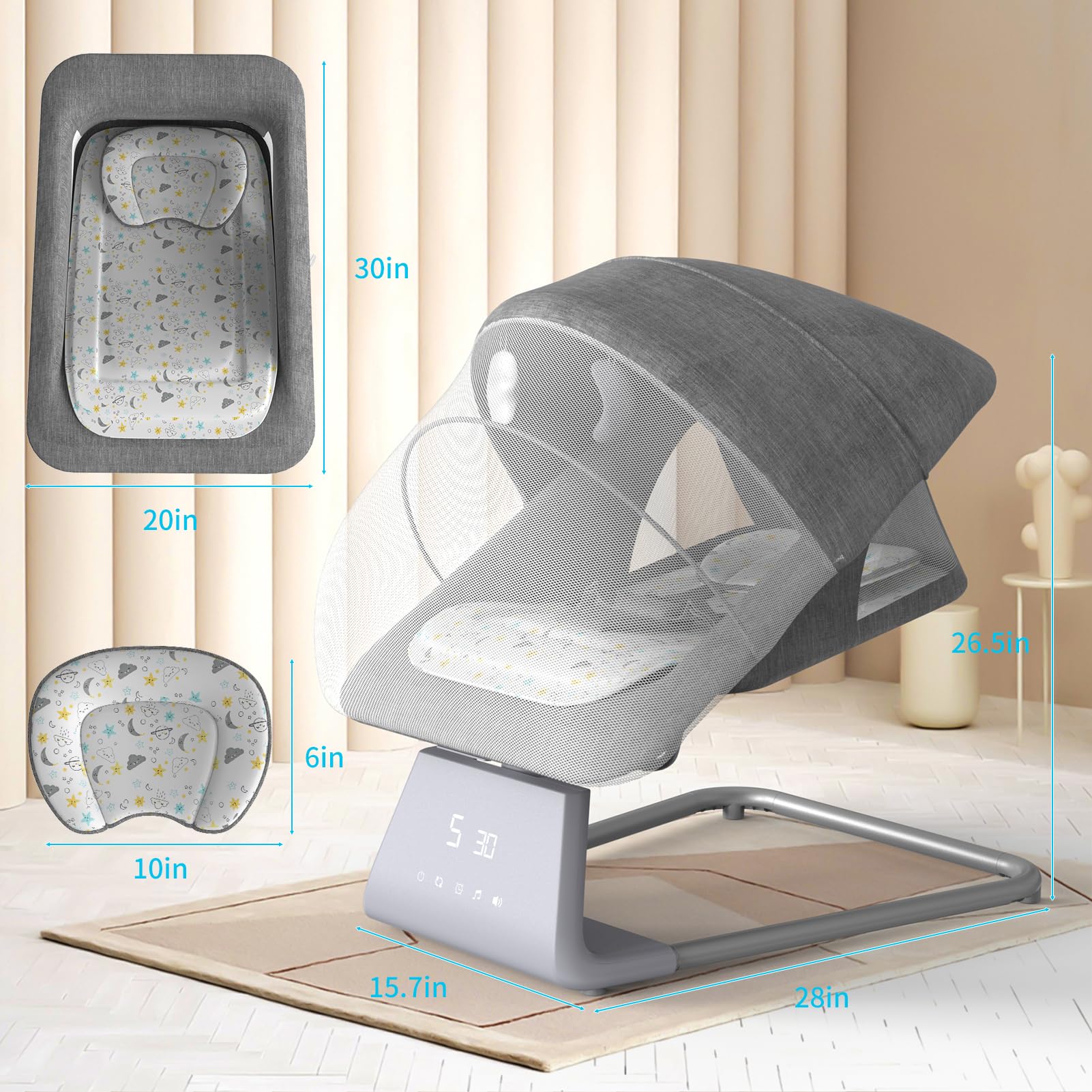 Electric Baby Swing with Bluetooth & Remote - 5 Speed Adjustable Infant Bouncer & Rocker with 11 Soothing Lullabies & Large Screen - Perfect for Newborns to Toddlers (Baby Boy & Girl) - Ideal for Nursery, Bedroom & Daycare Use
