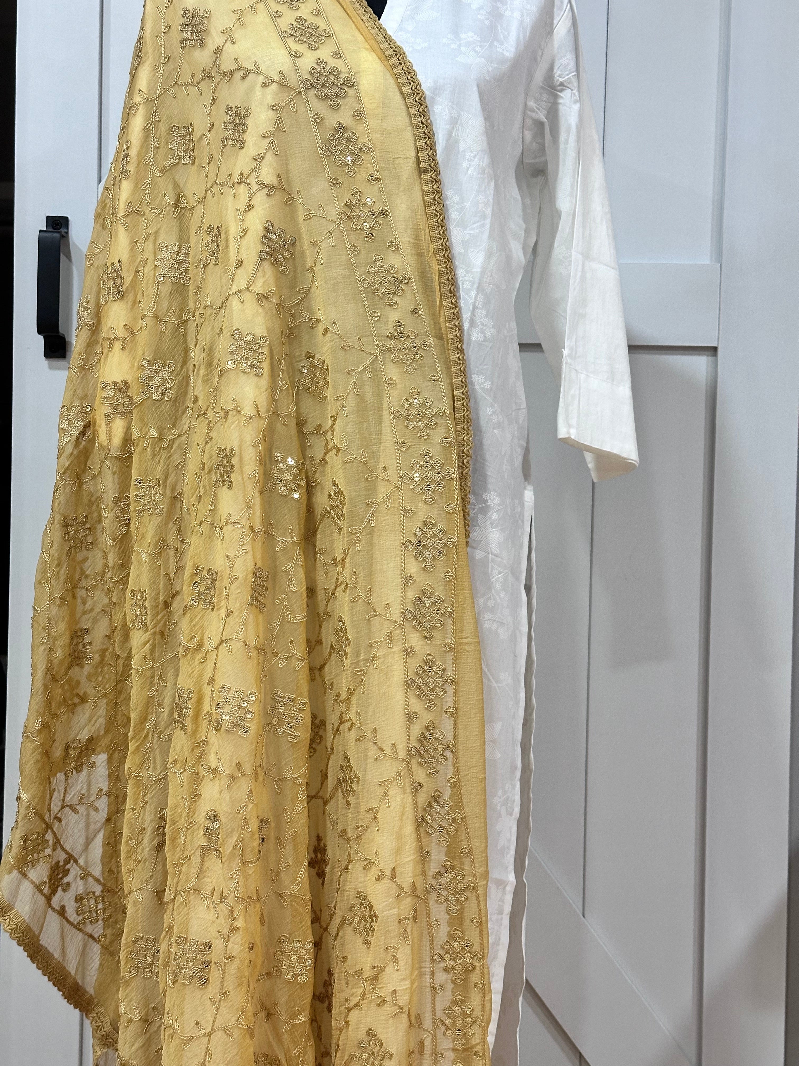 Elegant Embroidered Dusty Gold Dupatta - Perfect for Weddings, Parties & Festive Occasions