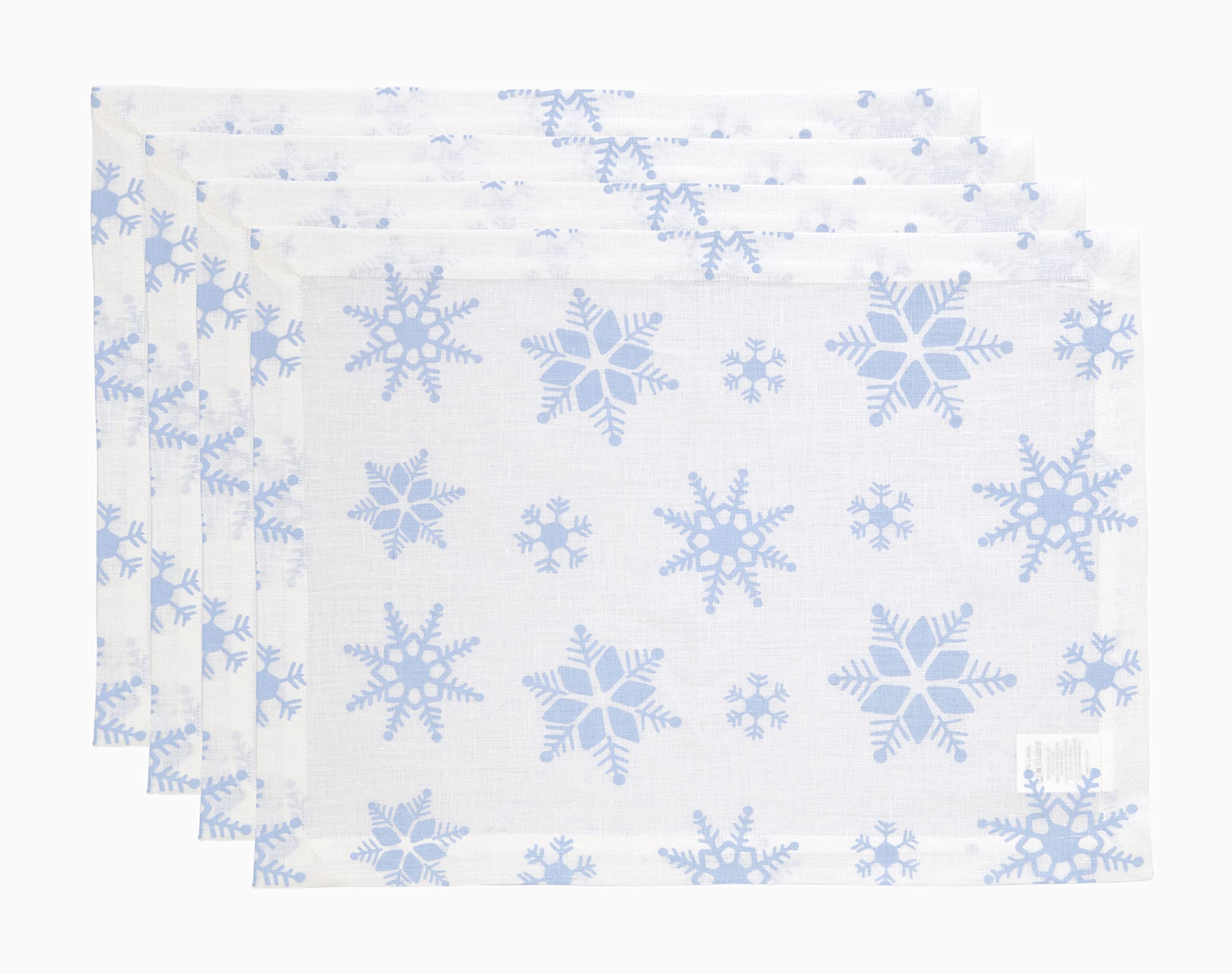 Solino Home Linen Snowflake Placemats Set of 4 - 14x19 Inch Light Blue 100% Pure Linen Christmas Table Mats - Machine Washable Let It Snow Print - Perfect for Holiday Dinners & Winter Table Decor