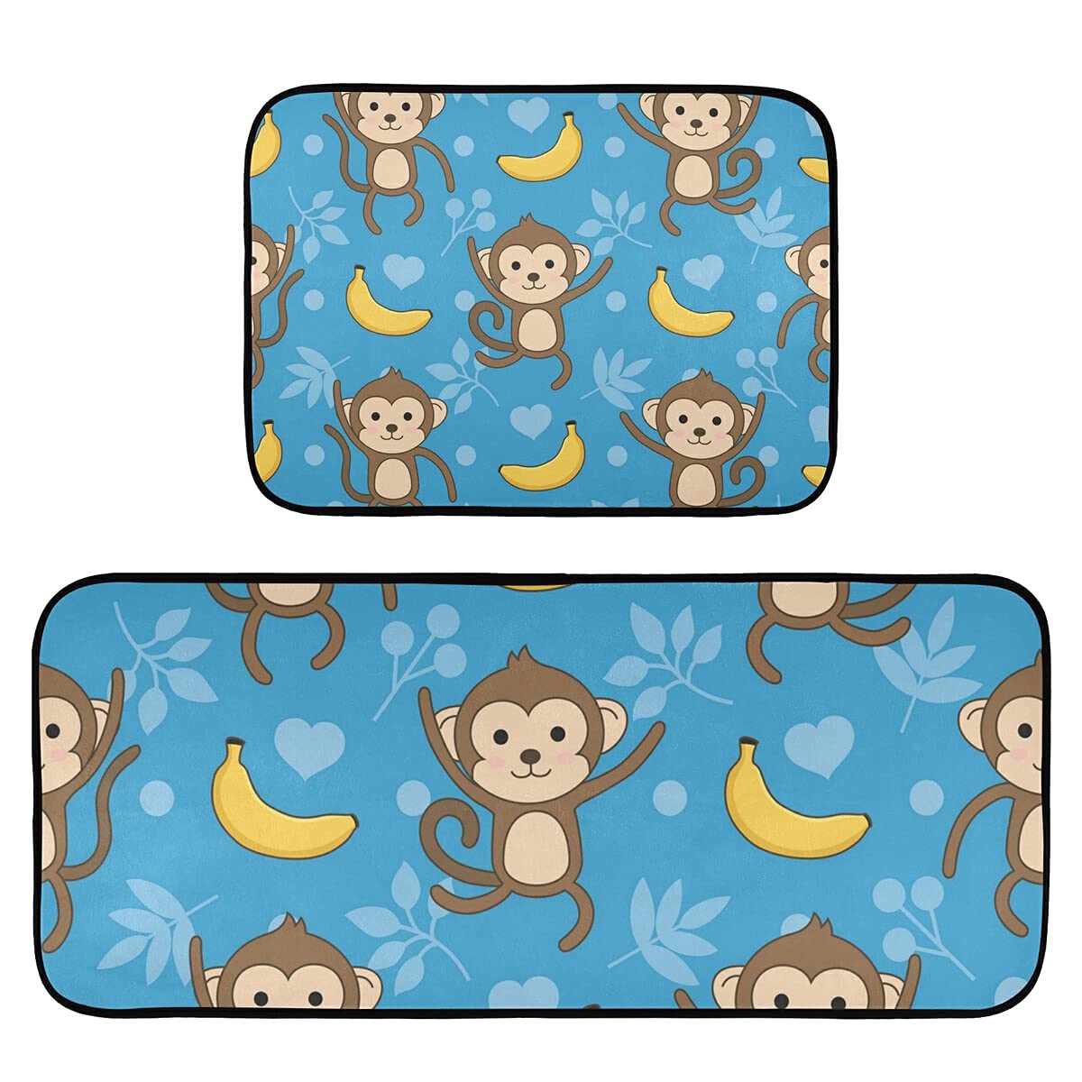 Non-Slip Cartoon Monkey Kitchen Rugs Set of 2 - Washable Anti-Skid Floor Mats for Kitchen Sink, Laundry Room & Home Decor - Cute Animal Print Runner Rugs for Safety and Style