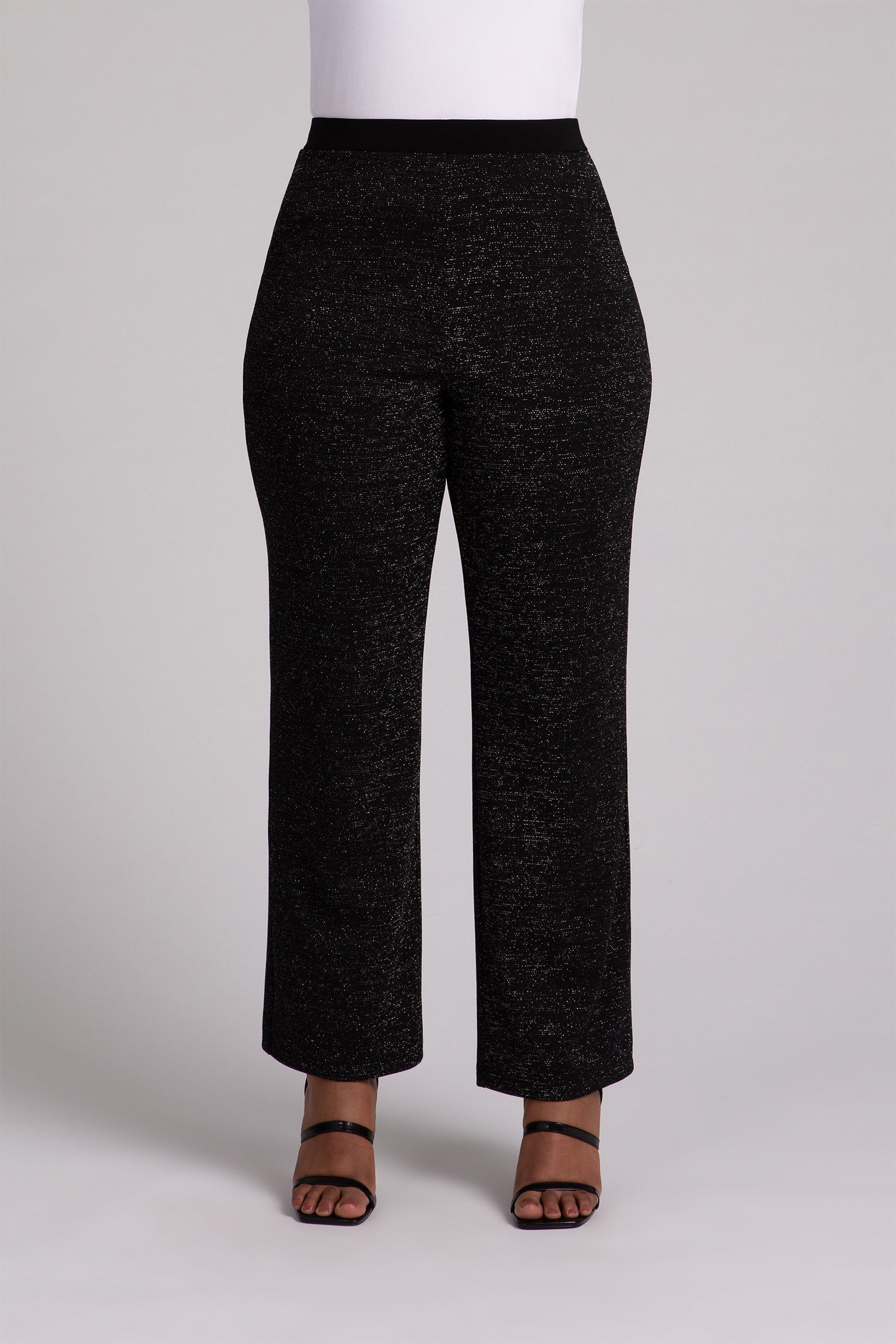 Metallic Pique Nu Straight Leg Pants for Women - Black | High Waist Stretch Work Pants | Office, Business Casual, and Everyday Wear