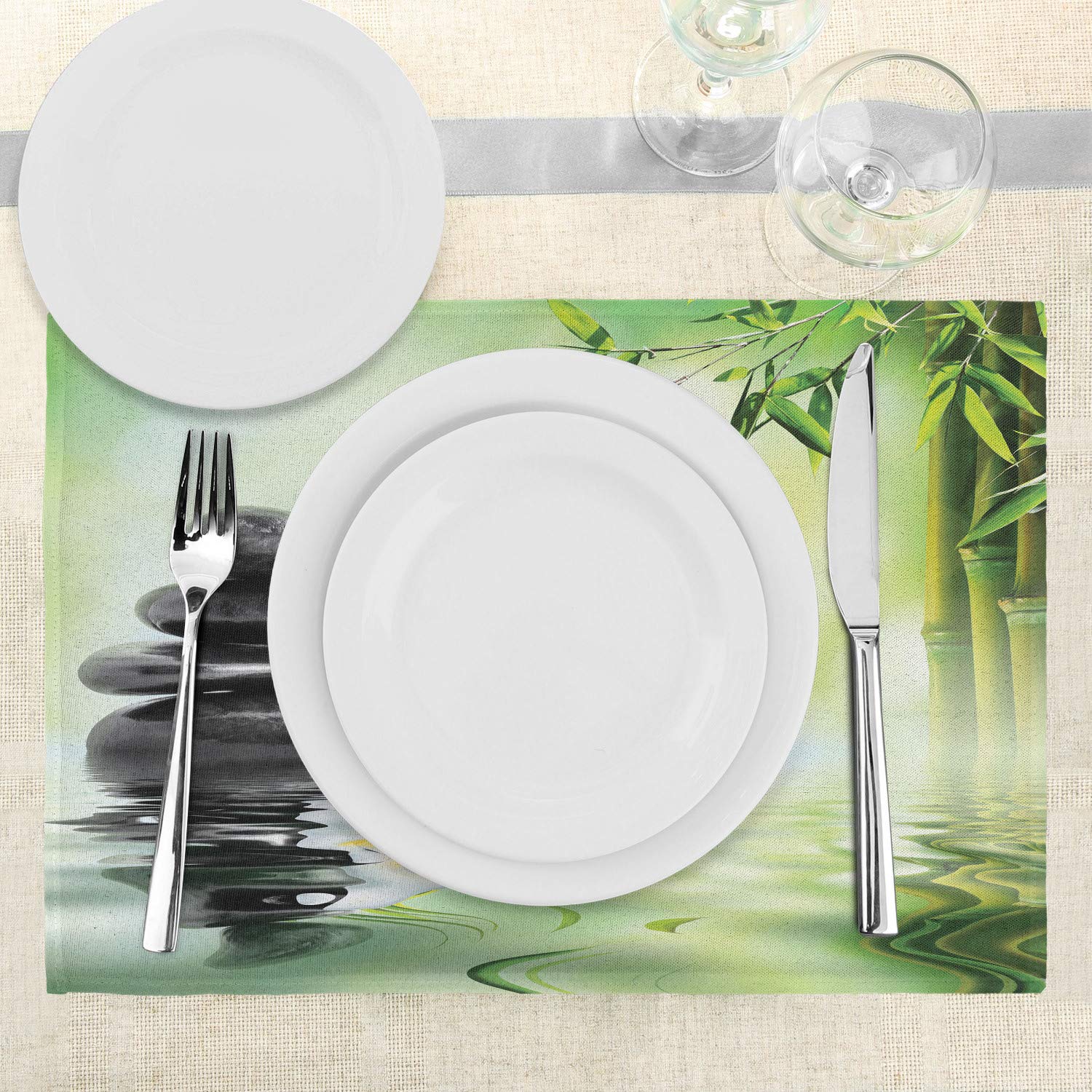 Ambesonne 4-Piece Spa Themed Placemats Set - Japanese Garden Frangipani Flowers Travel Design, Washable Fabric Table Mats for Dining Room, Standard Size (Charcoal Grey & Pale Green) - Perfect for Home Decor, Dinner Parties, and Asian-Inspired Interior Design