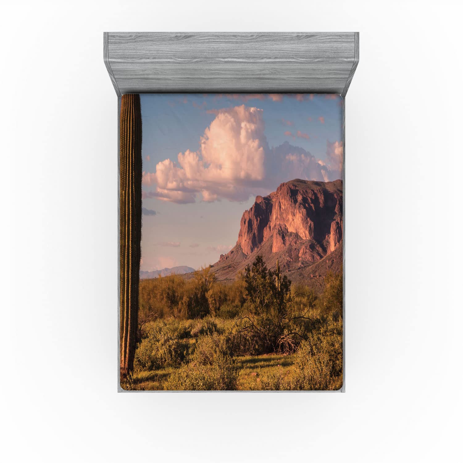 Ambesonne Saguaro Fitted Sheet - Queen Size Deep Pocket Bed Sheet with All-Around Elastic, Brown Blue Green Desert Landscape Design - Perfect for Guest Rooms, Vacation Homes & Southwestern Style Bedrooms