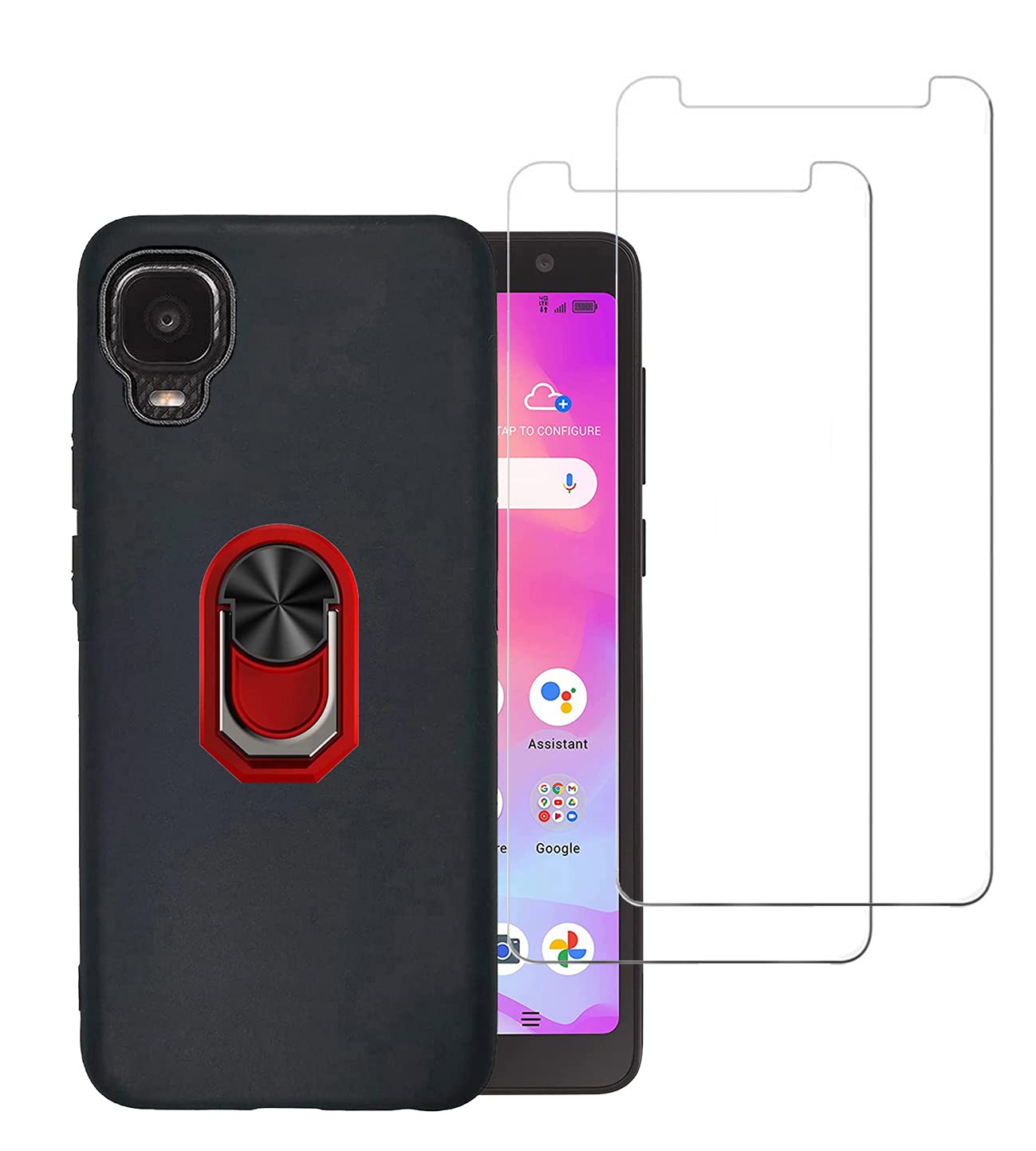 Premium 2-Pack Tempered Glass Screen Protector & Full-Body Shockproof Case with Kickstand & 360 Ring Holder for Alcatel TCL A3/A509DL - Red | Perfect for Outdoor Activities, Work, and Everyday Protection
