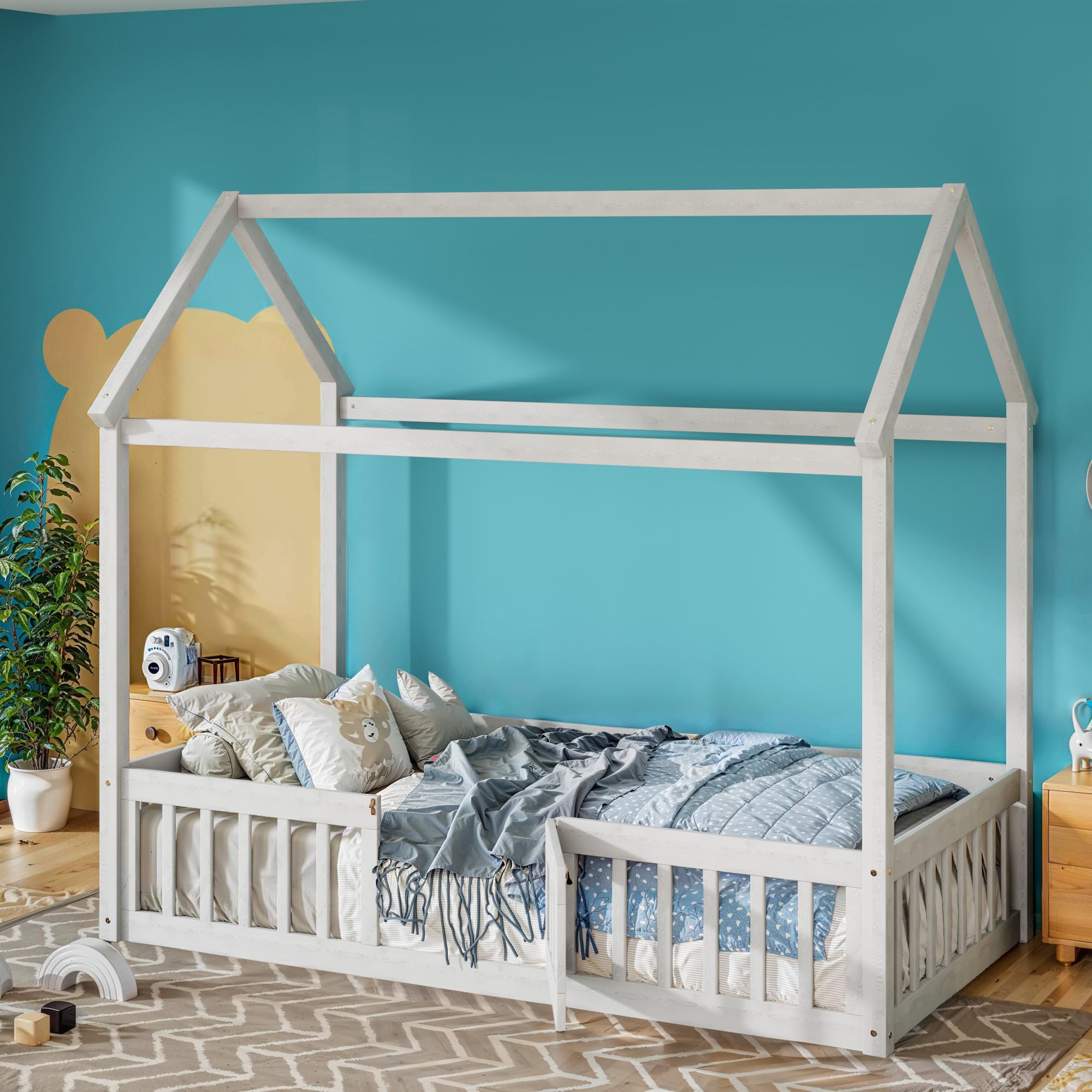 Merax Wooden House Bed with Fence & Door - Twin Size Floor Bed with Full Guardrail - White - Perfect for Kids Room, Playroom or Montessori Bedroom