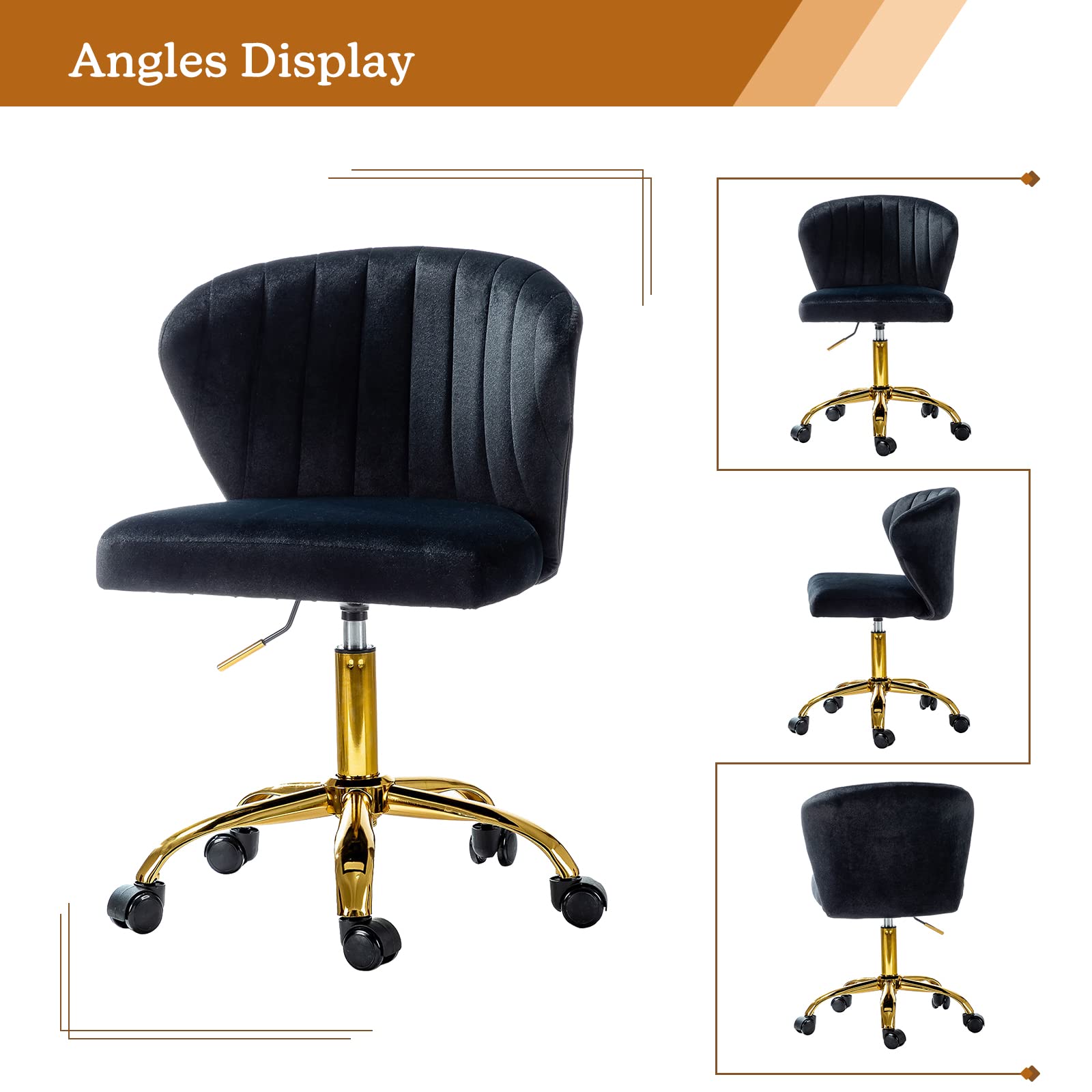TINA'S HOME Modern Velvet Office Chair with Wheels - Adjustable Low Back Swivel Rolling Task Chair, Gold Base Armless Design for Home Office, Living Room, Vanity or Study - Black | Ergonomic Workspace & Reading Solution