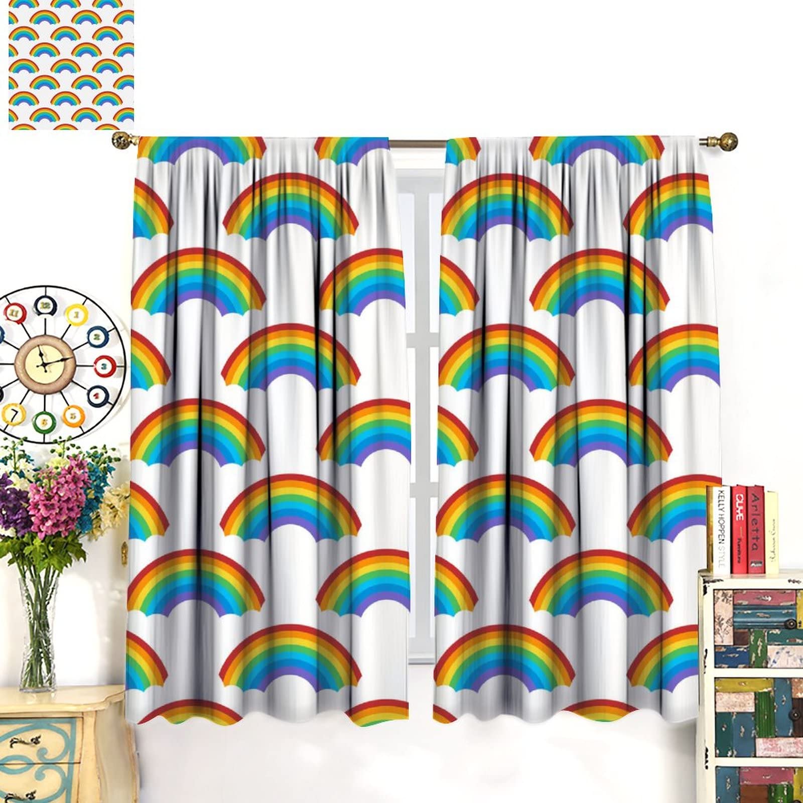 Rainbow Kids Curtains - Seamless Rainbow Pattern Window Treatments, 2 Panel Set 63x72 inches for Living Room, Bedroom, Kitchen & Cafe - Perfect for Nursery Decor & Playroom Windows