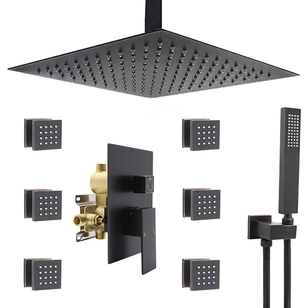 Oil Rubbed Bronze Rain Shower System - 16 Inch Ceiling Mounted Shower Faucet with Full Body Jets, Overhead Rainfall Shower & Handheld Sprayer - Pressure Balance Valve Kit & Trim - Perfect for Spa-Like Bathroom Experience & Luxury Home Renovation