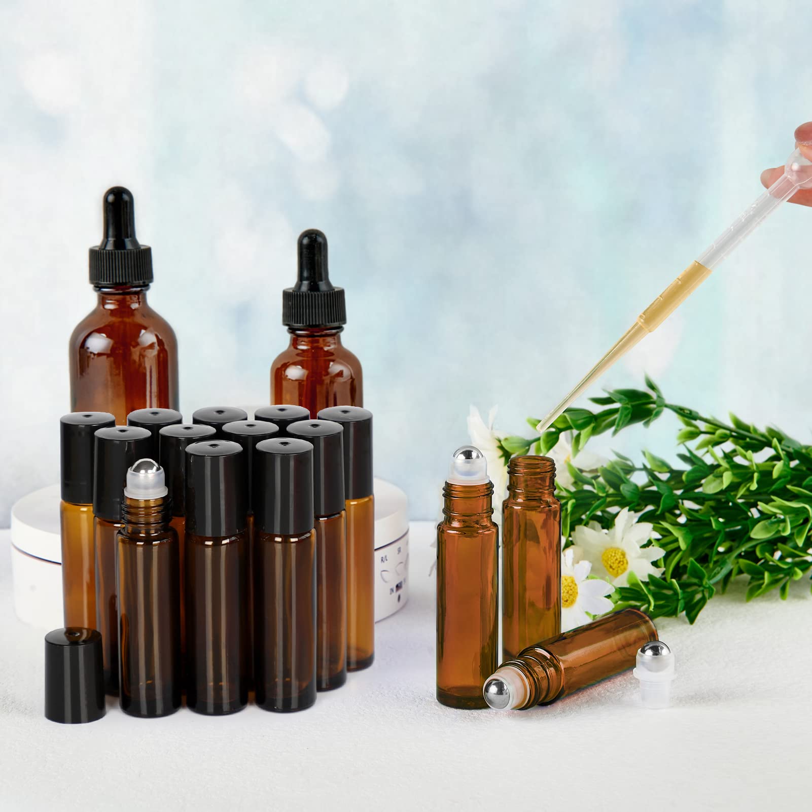24 Pack 10ml Empty Amber Glass Essential Oil Roller Bottles with Stainless Steel Balls - UV Protection for Aromatherapy, DIY Blends & On-the-Go Relaxation
