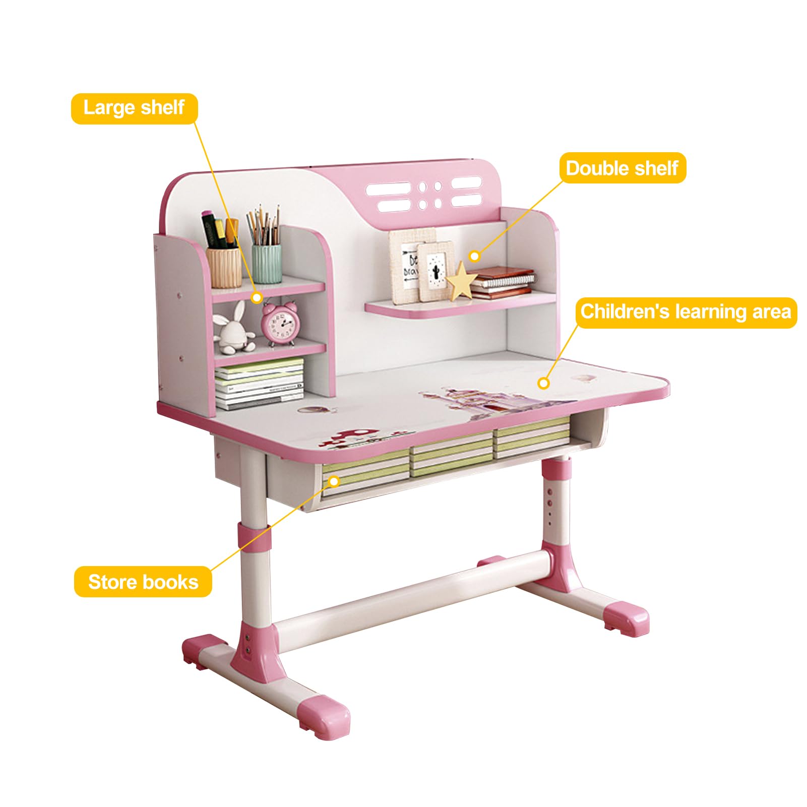 Adjustable Height Study Desk with Chair Set for Kids - Widened Desktop & Spacious Storage Drawer - Pink Learning Desk & Chair for Girls (Pink-C) - Perfect for Homeschooling, Online Classes & Bedroom Study Space
