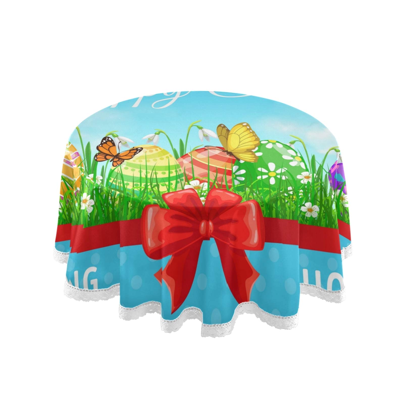 Happy Easter Eggs Bow Round Tablecloth - 60 Inch Floral Butterfly Spring Design Washable Polyester Table Cover for Kitchen, Party, Picnic & Dining Decor | Perfect for Easter Celebrations, Spring Gatherings & Outdoor Events