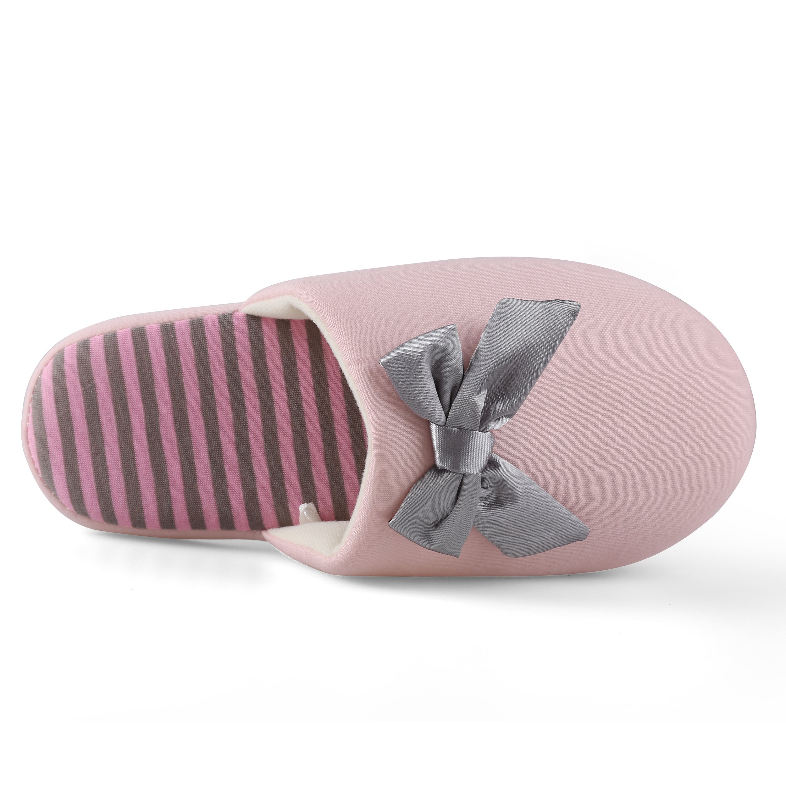 Women's Waffle Stripes Bow Memory Foam Slippers - Soft Indoor House Shoes with Closed Toe for Comfort & Warmth, Pink, Large - Perfect for Lounging, Relaxing at Home & Cold Winter Days