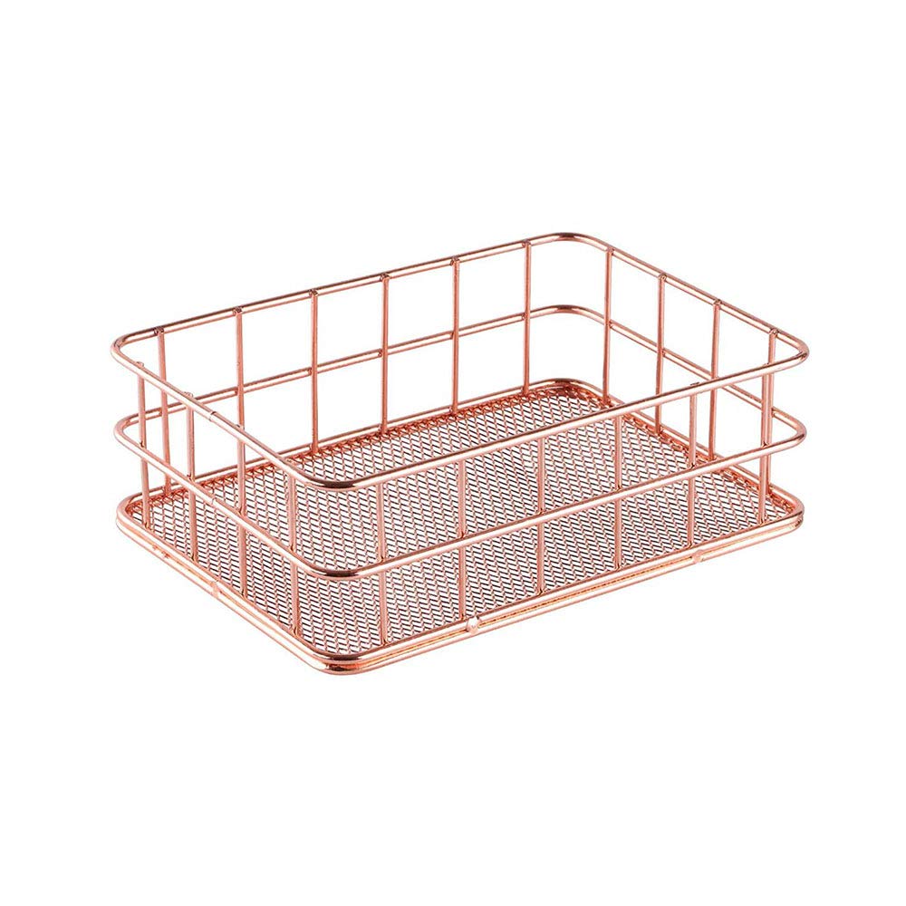 GYY Desktop Metal Storage Basket - Small Iron Grid Storage Tray, Rose Gold Wire Mesh Organizer Bin for Office, Kitchen, Bathroom | Perfect for Fruits, Utensils & Home Decor Accessories