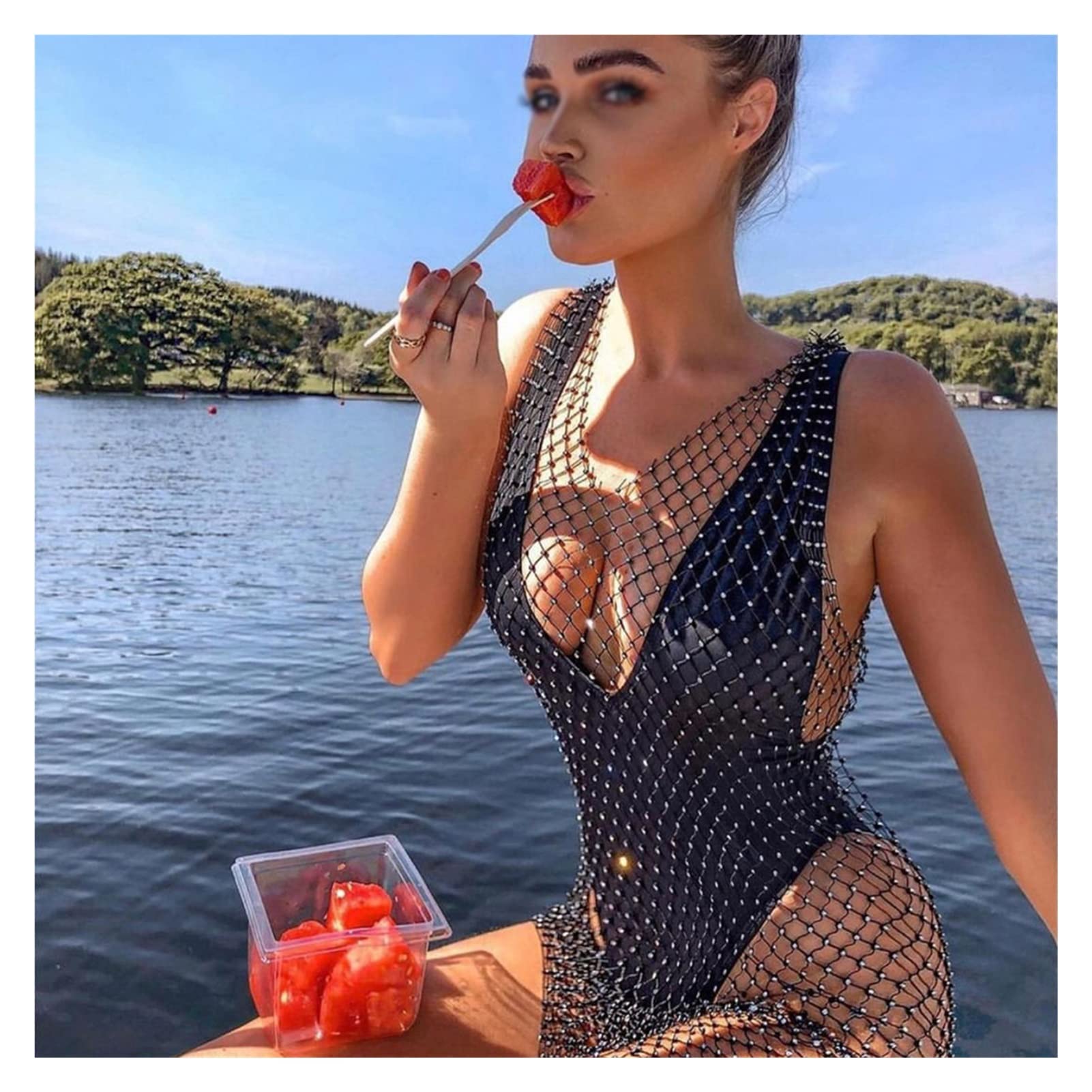 Sexy Rhinestone Hollow Out Beach Dress for Women - V Neck Sleeveless Bodycon Mesh Party Dress (One Size) - Perfect for Summer Vacations, Pool Parties & Nightclub Events