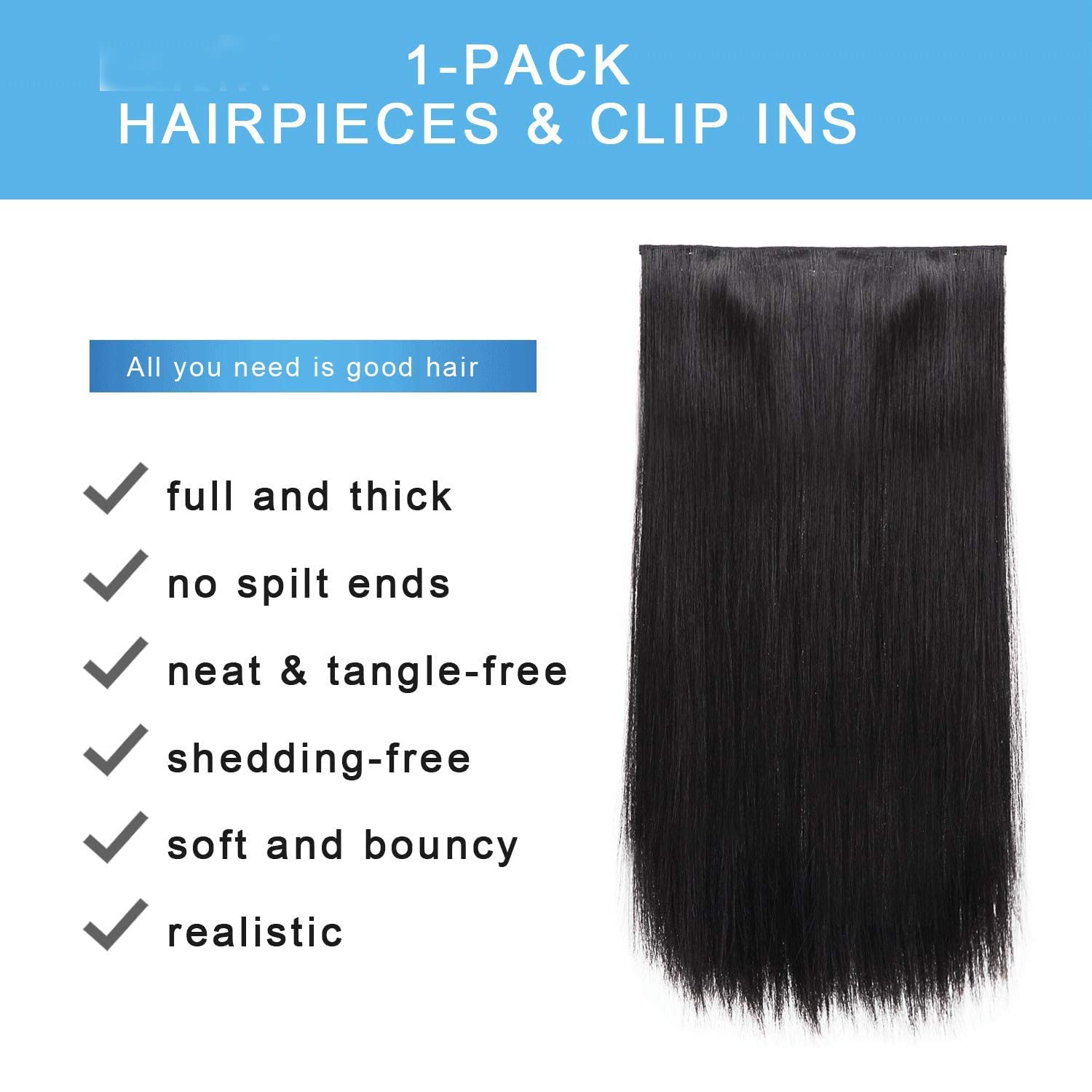 5-Pack 24-Inch Straight Clip-In Hair Extensions for Women & Girls - Natural Look & Feel, Dark Brown - Perfect for Daily Wear, Parties & Special Occasions