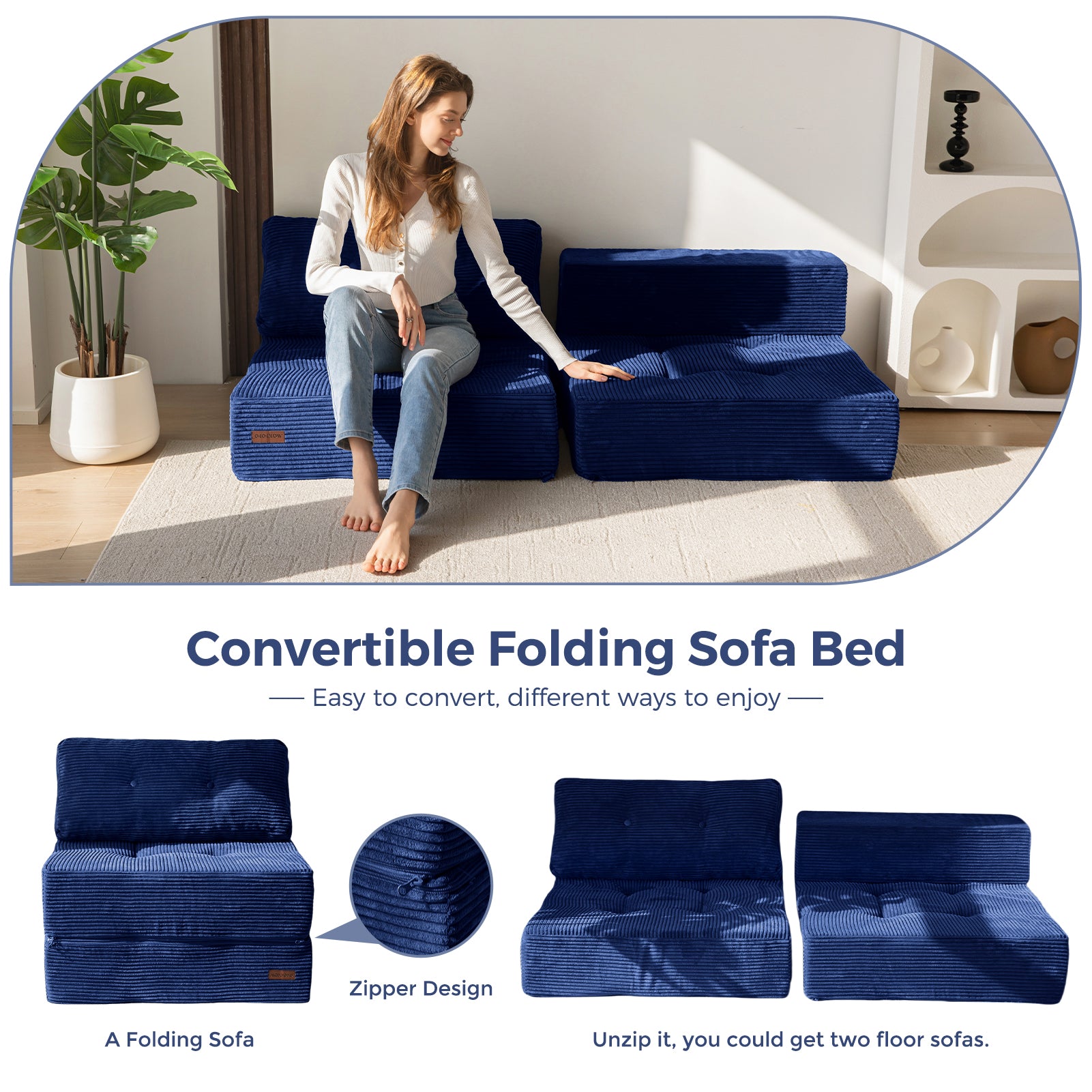 MAXYOYO Folding Sofa Bed - Convertible Sleeper Sofa with High Density Support Foam for Living Room & Bedroom - Navy Blue - Perfect for Small Spaces, Guest Rooms & Apartments