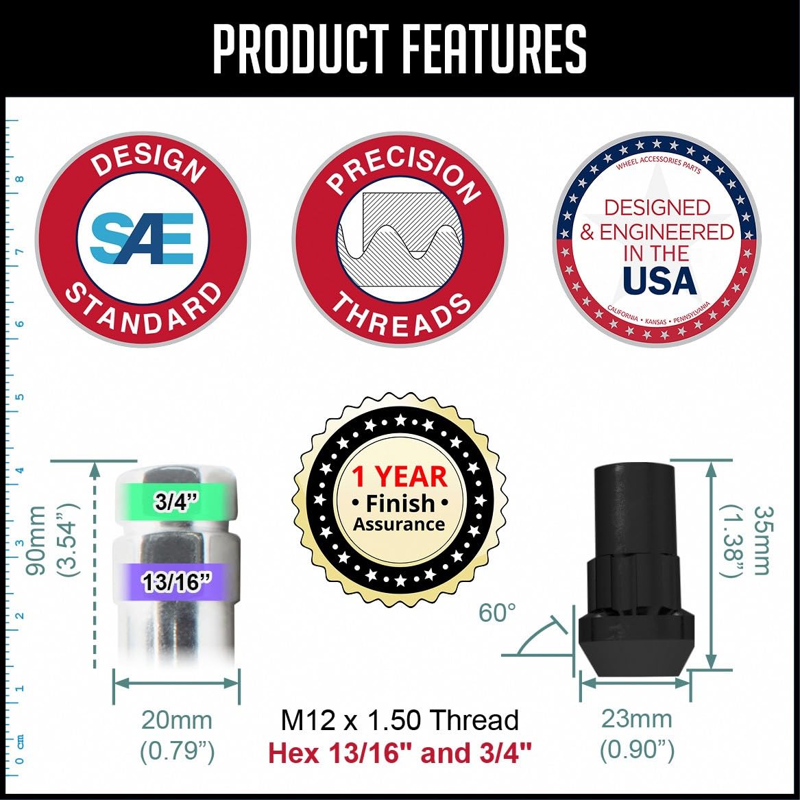 Black M12x1.5 Wheel Lock Lug Nuts - 1.38