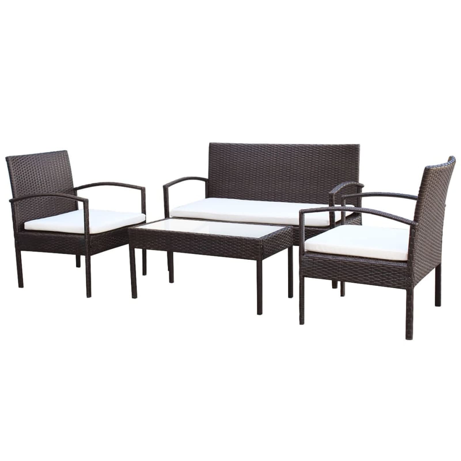 Tidyard 4-Piece Outdoor Patio Furniture Set - Cream White Cushioned 2-Seater Sofa with 2 Armchairs & Coffee Table in Brown Poly Rattan - Perfect for Backyard, Poolside, Garden or Balcony Relaxation