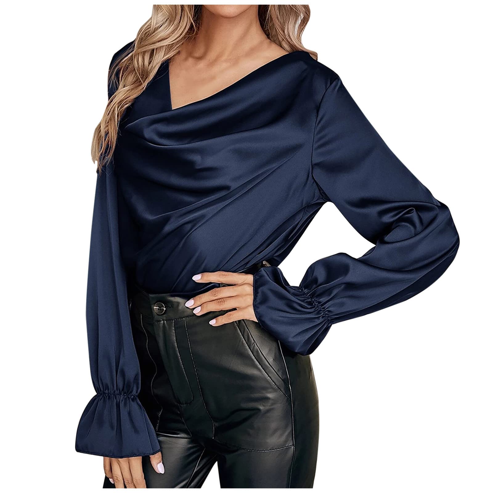 Women's Silk Blouse Long Sleeve Satin Shirt - Elegant Wrap V Neck Ruched Pullover Top for Work & Formal Occasions | Office Wear, Date Night & Special Events Outfits