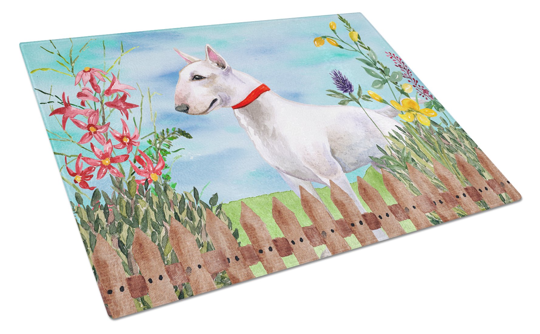 Bull Terrier Spring Glass Cutting Board - Large Tempered Glass Kitchen Chopping & Serving Board - Decorative & Durable for Food Prep, Charcuterie & Entertaining