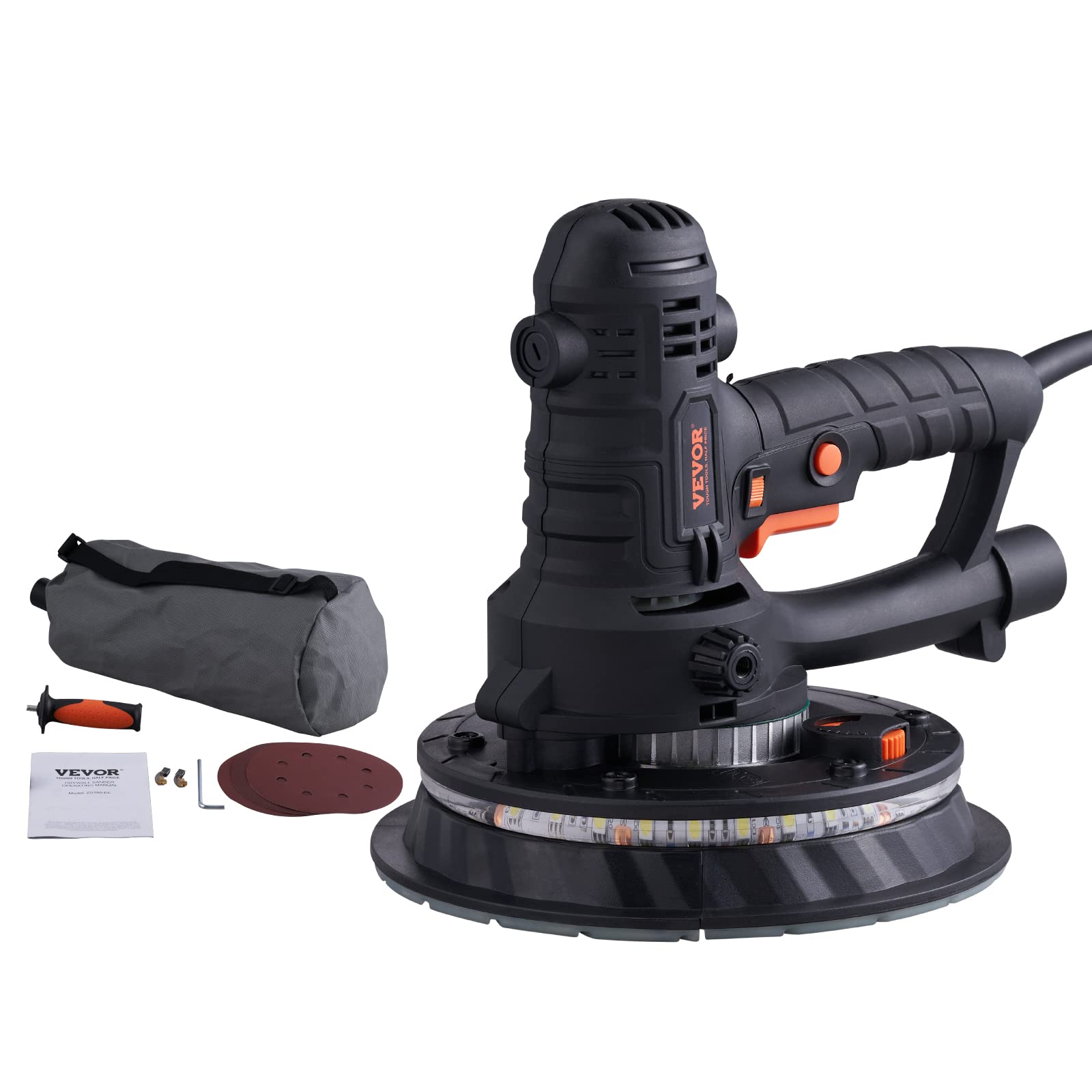 VEVOR 800W Electric Drywall Sander with 12 Sanding Discs, Variable Speed 1200-2300 RPM, Auto Vacuum Dust Collection System & LED Lights - Perfect for Wall Repair, Home Renovation, and Professional Construction Projects