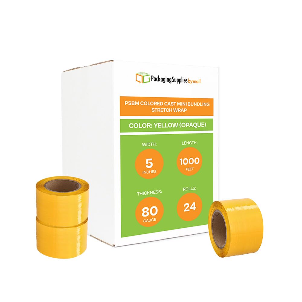 PSBM Yellow Mini Stretch Wrap with Plastic Handle - 24 Pack, 5 Inch x 1000 Feet, 80 Gauge Color Coded Plastic Cling Film Rolls for Shipping, Storing & Securing Pallets - Ideal for Warehouse, Logistics & Industrial Packaging