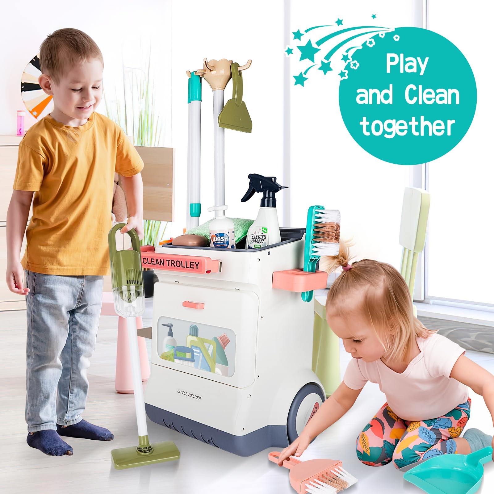 deAO 20-Piece Kids Pretend Play Cleaning Set - Real Working Vacuum Cleaner, Broom & Spray Bottle - Educational Toy Housekeeping Kit for Toddlers Ages 3-5 - Perfect for Role Play, Early Learning & Household Chores Practice