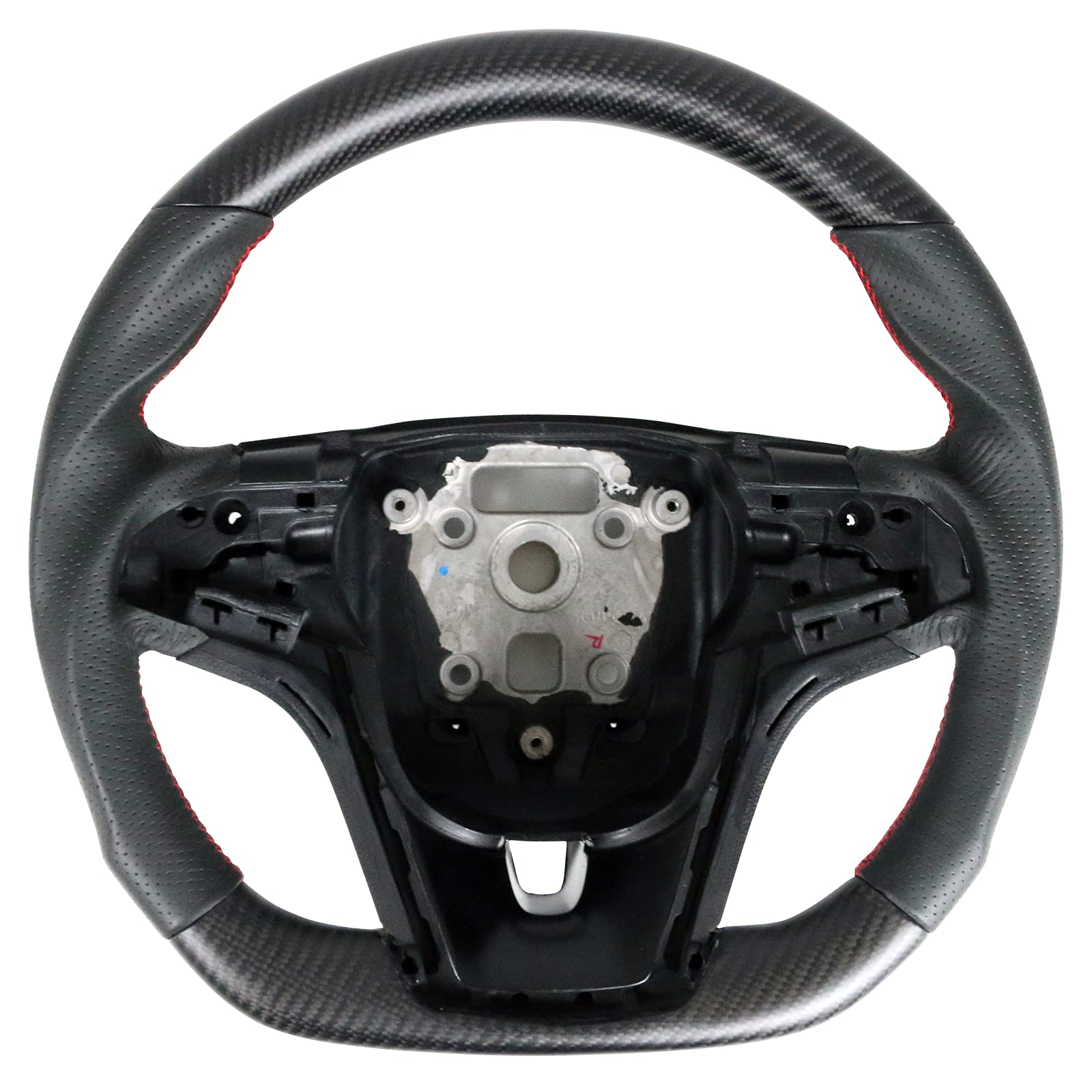 FREEMOTOR802 Matte Carbon Fiber & Perforated Leather Steering Wheel with Red Stitching - Compatible with 2012-2015 Chevrolet Camaro, Brushed Aluminum Trim Kit | Upgrade Your Ride for Sporty Driving & Luxury Feel