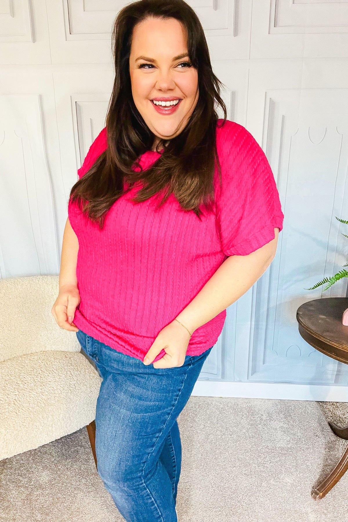 Fuchsia Cable Knit Dolman Short Sleeve Sweater Top for Women - Soft Comfortable Pullover with Haptic Texture - Perfect for Casual Outings, Office Wear & Fall Layering