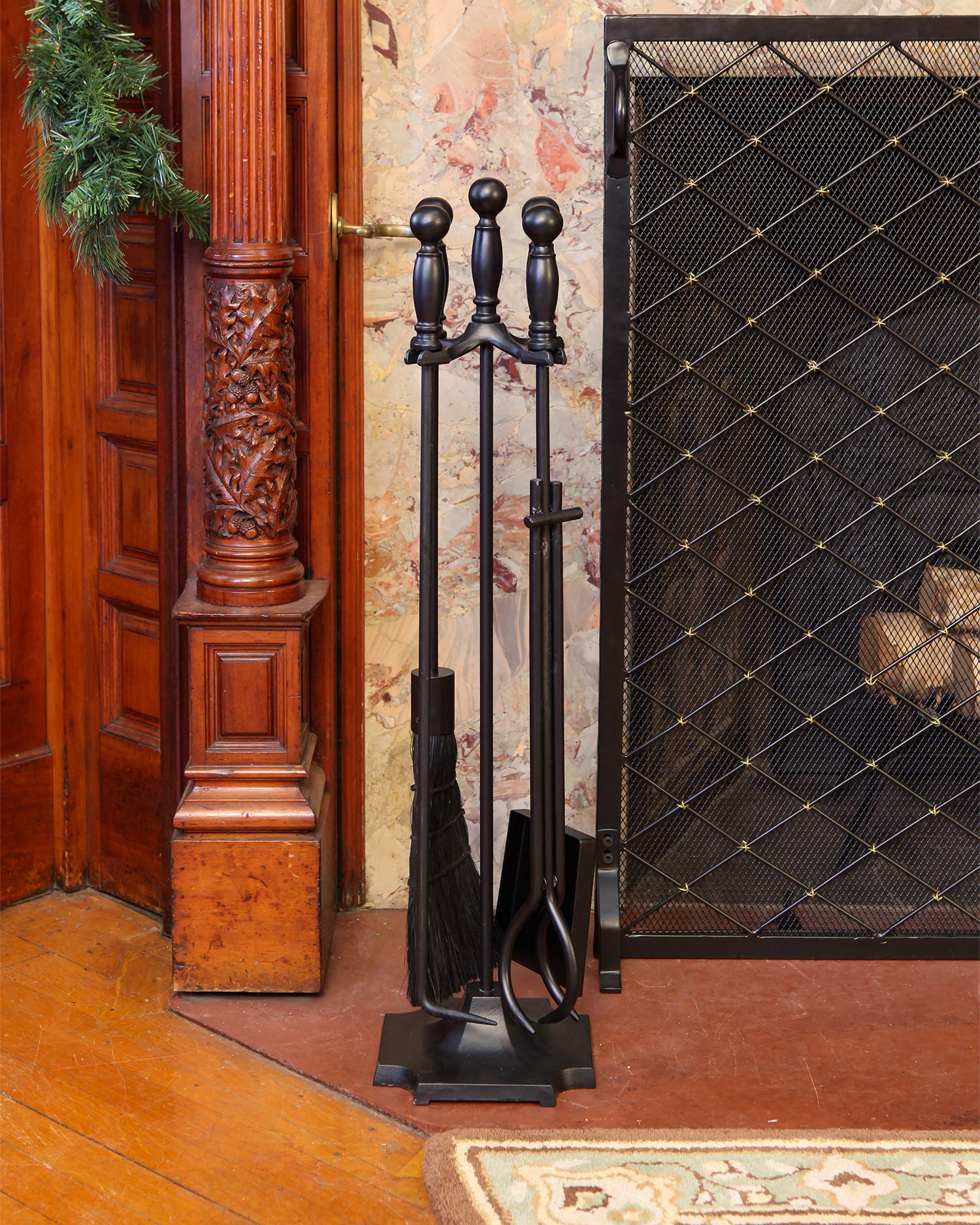 Carlisle All Black Fireplace Tool Set - 5-Piece Heavy Duty Steel Fireplace Accessories with Stand for Indoor & Outdoor Use - Perfect for Fire Pits, Wood Stoves, and Home Decor