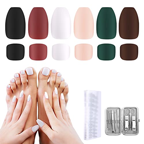 Funtopia 312 Pcs Matte Solid Color Coffin Press On Nails - Medium Length Fake Nails Set with 8-in-1 Nail Clipper Kit | False Nails for Fingers & Toes | Full Cover Artificial Nails for Women & Girls | Perfect for Parties, Weddings & Daily Wear
