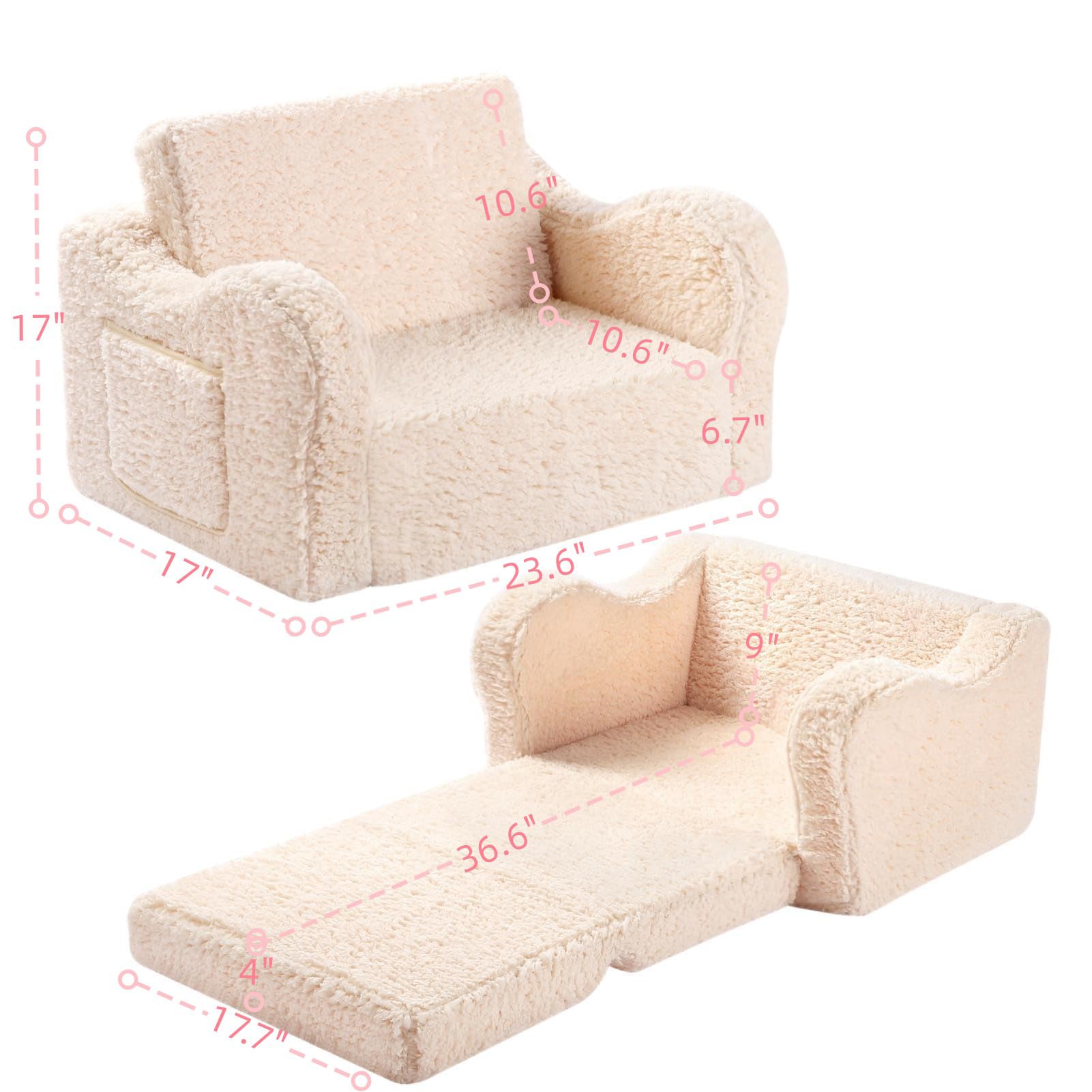 2-in-1 Convertible Toddler Chair - Soft Sherpa Kids Sofa & Lounger for Boys & Girls (Cream) | Perfect for Playroom, Nursery & Reading Nook