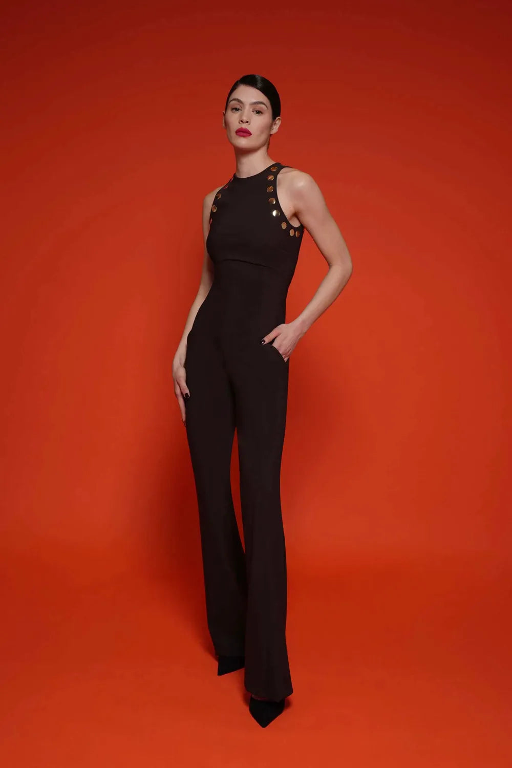 Sexy Black Sleeveless Rivet Bodycon Bandage Jumpsuit for Women - Nightclub Party, Homecoming, Evening Outfits & Special Occasions