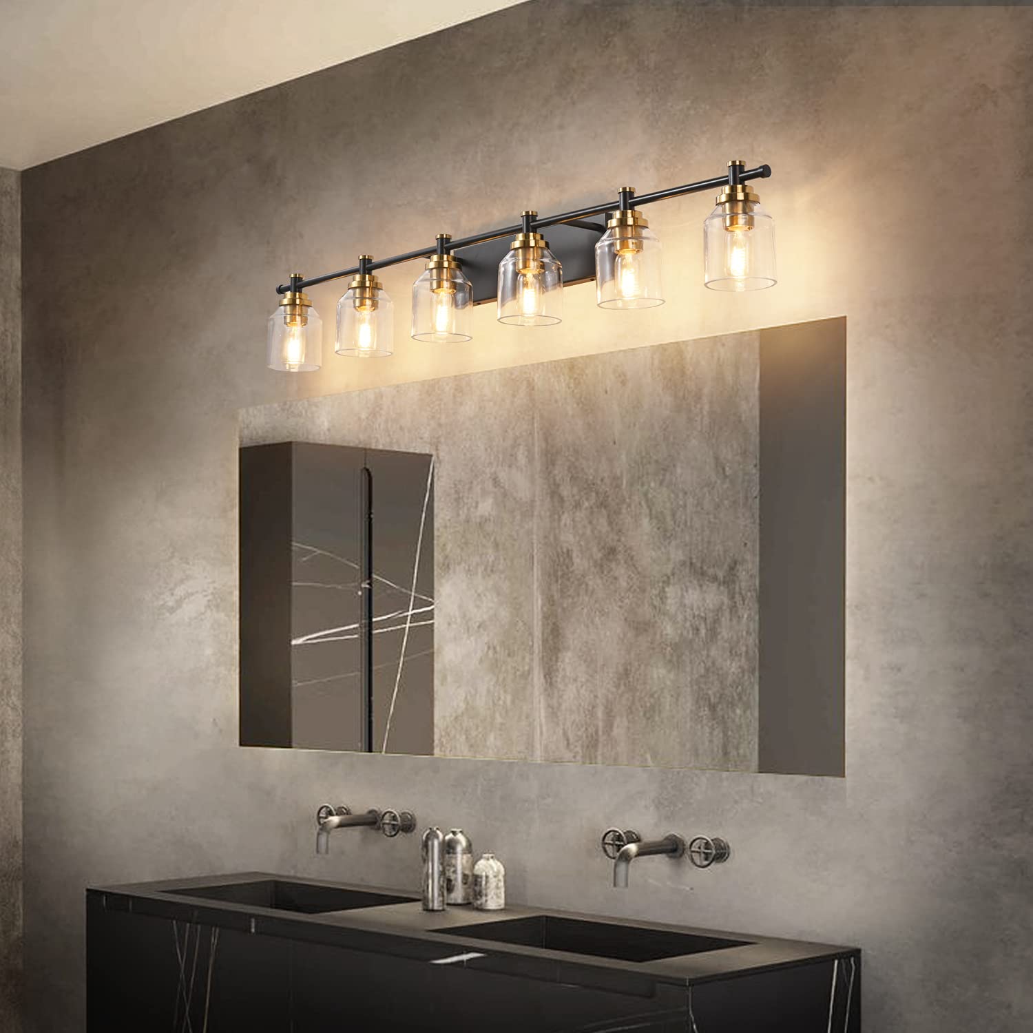 SOLFART 6-Light Black Brass Bathroom Vanity Light Fixture - Vintage Style Mirror Lighting with Thick Clear Glass Shades for Bathroom, Powder Room & Dressing Area
