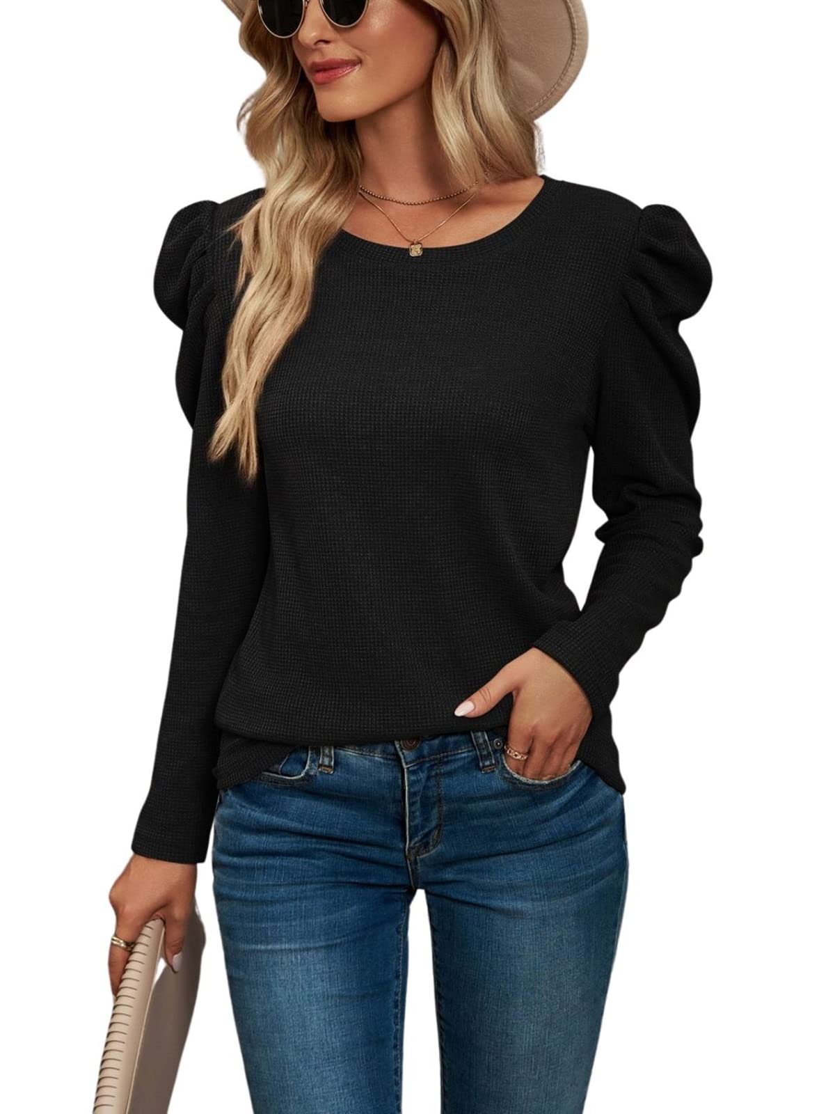 FEIYOUNG Women's Solid Color Pleated Long Sleeve Crewneck Waffle Knit T-Shirt Top - Casual Fall Winter Fashion for Work, Date & Everyday Wear