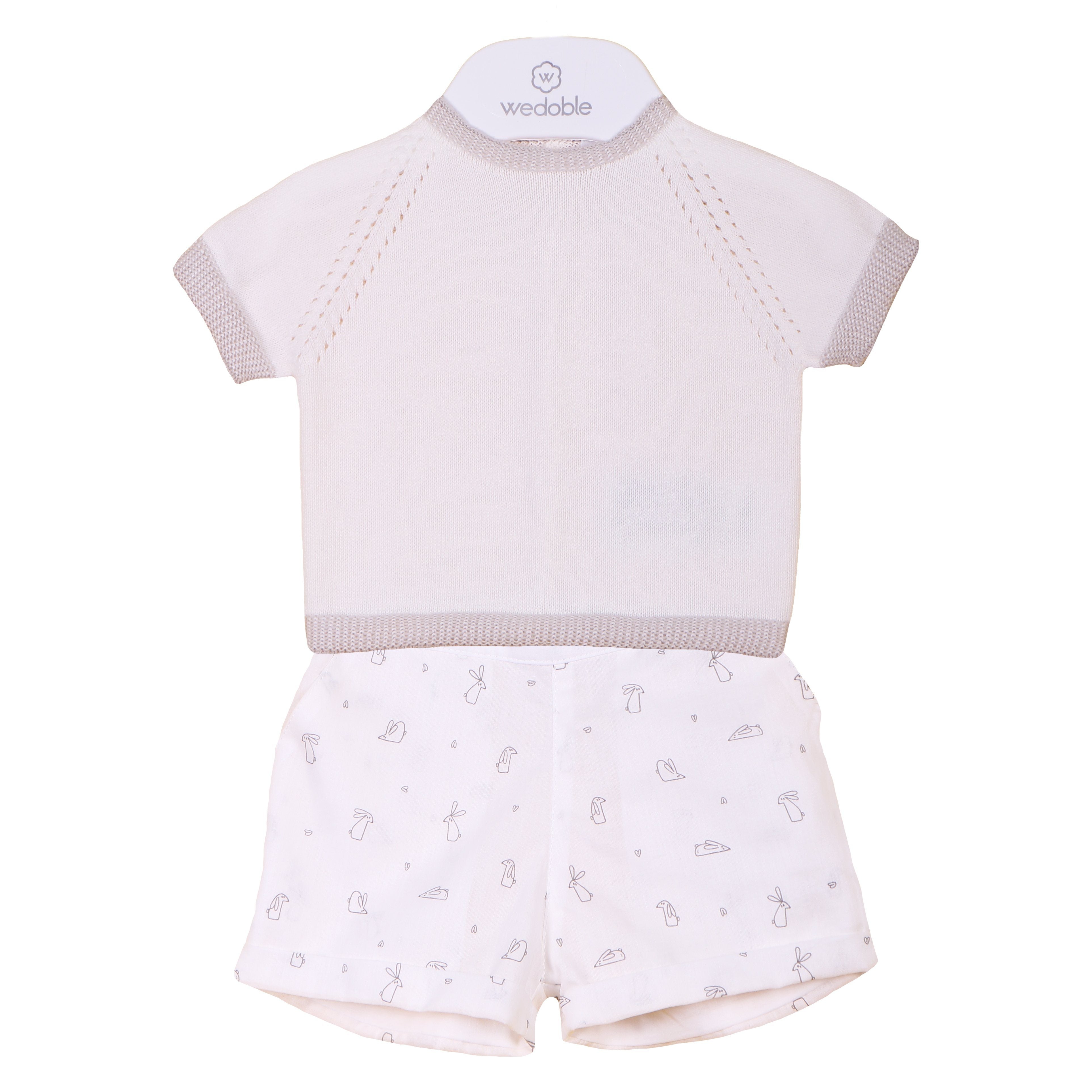 Ivory Bunny Print Shorts & Top Set - Cute Cotton Loungewear for Women, Spring Summer Casual Outfit, Perfect for Home, Sleepwear, and Vacation