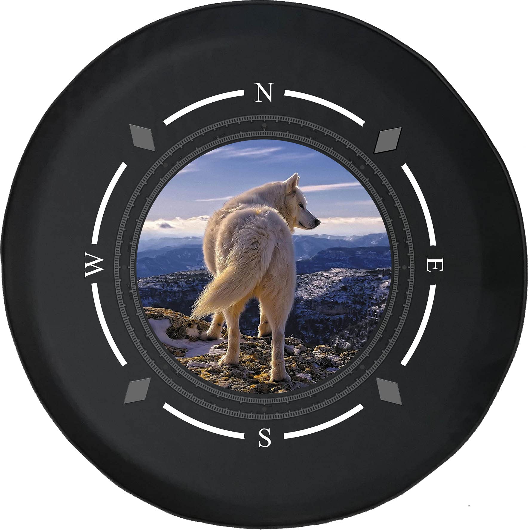Premium American Unlimited Spare Tire Cover with Compass Design - White Wolf Mountain View Wheel Protector for SUV, Trailer, RV & Most Vehicles | Durable Outdoor Accessory for Camping & Road Trips