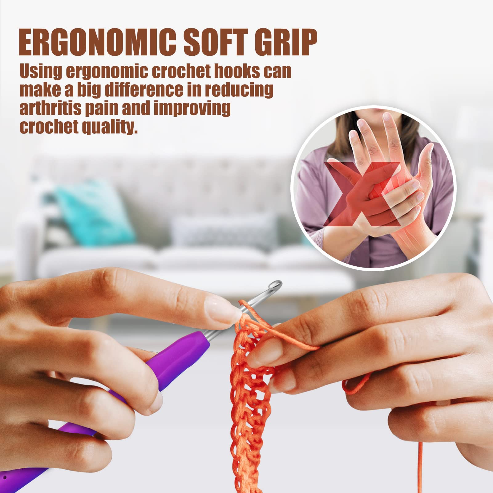 Premium 9-Size Ergonomic Crochet Hooks Set with Soft Comfort Handles - Aluminum Knitting Needles Kit (2-10mm) for Yarn Crafts - Perfect for Beginners, Amigurumi, Scarves & DIY Projects