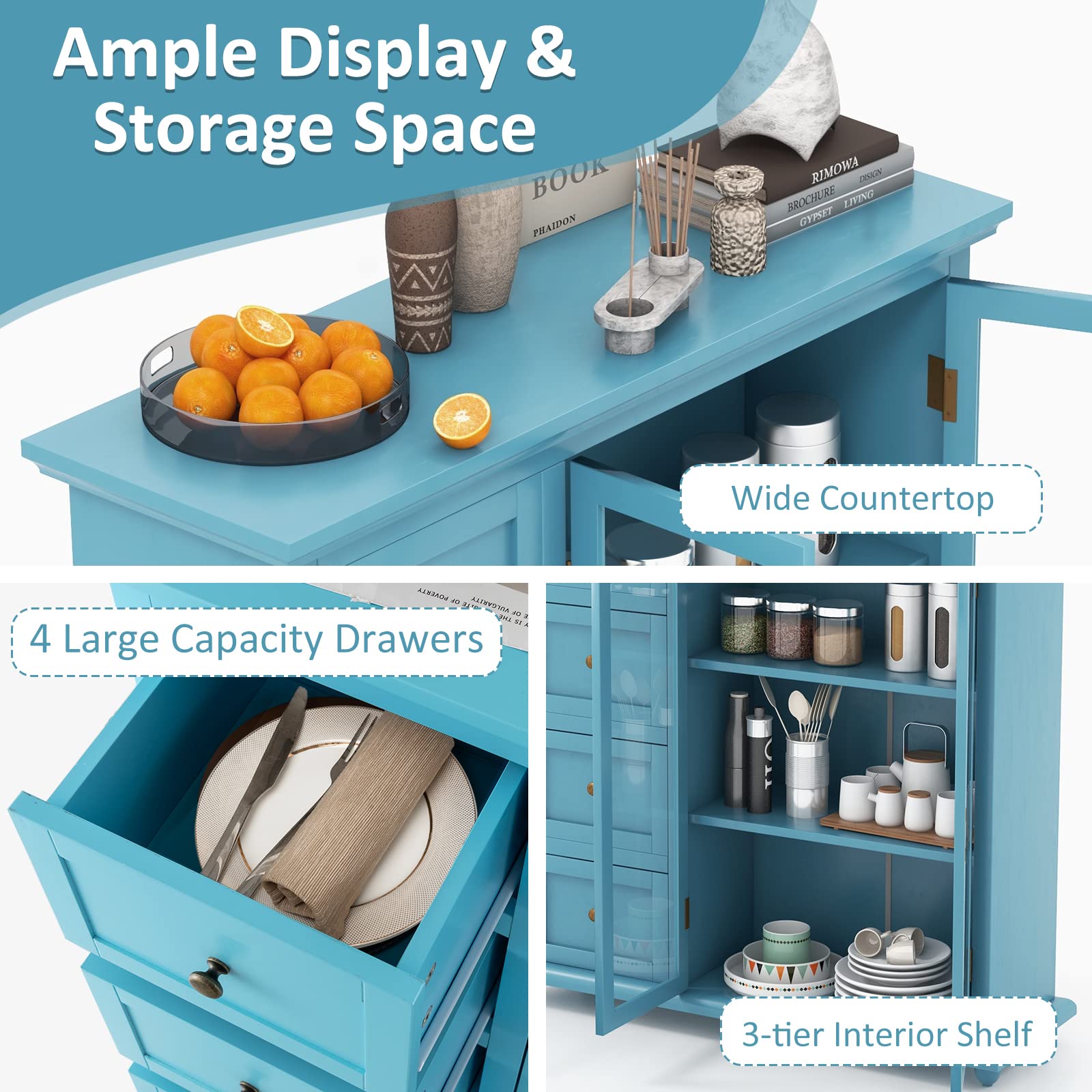 Modern Blue Sideboard Buffet Cabinet - Kitchen Storage, Coffee Bar Station & Dining Room Credenza - Perfect for Entryway, Living Room & Home Organization