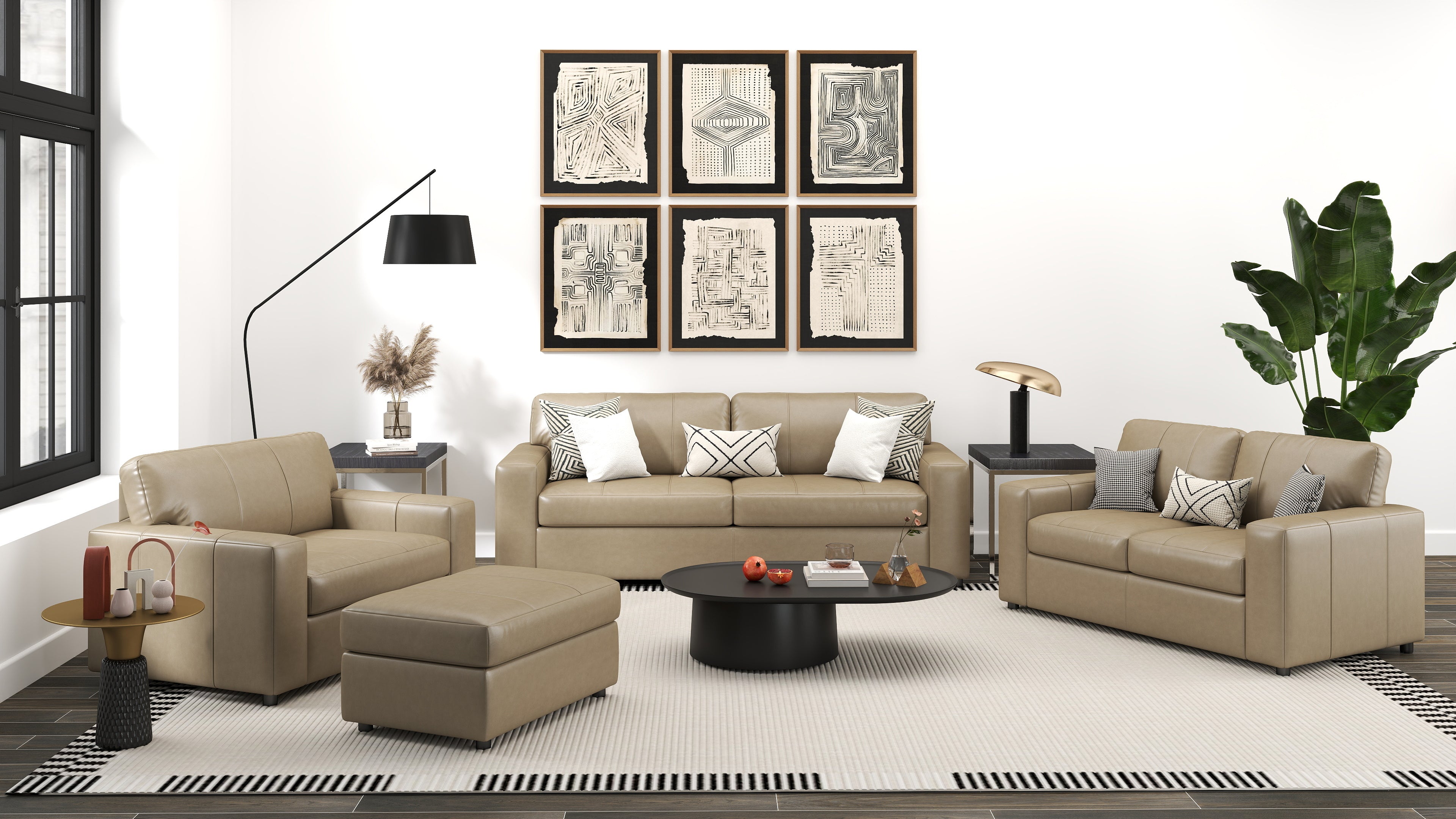 Roundhill Furniture Sakan Genuine Leather Upholstered Living Room Set - Sofa, Loveseat & Chair - Modern Sectional Couch for Home Theater, Family Room & Lounge Areas